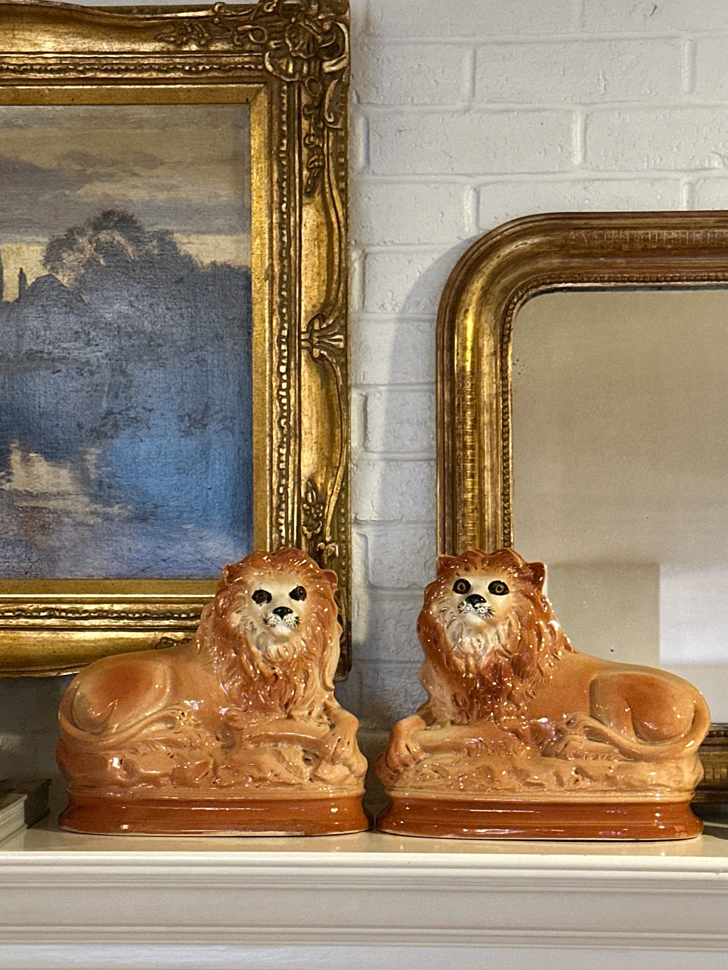 Pair of Antique English Staffordshire Recumbent Lions, Late 19th Century
