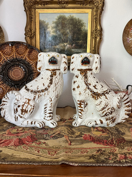 Antique Staffordshire Spaniel Dog Pair with Hand-Brushed Copper Luster Decoration | 12.25"