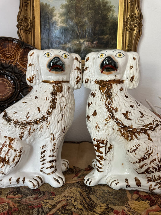 Antique Staffordshire Spaniel Dog Pair with Hand-Brushed Copper Luster Decoration | 12.25"