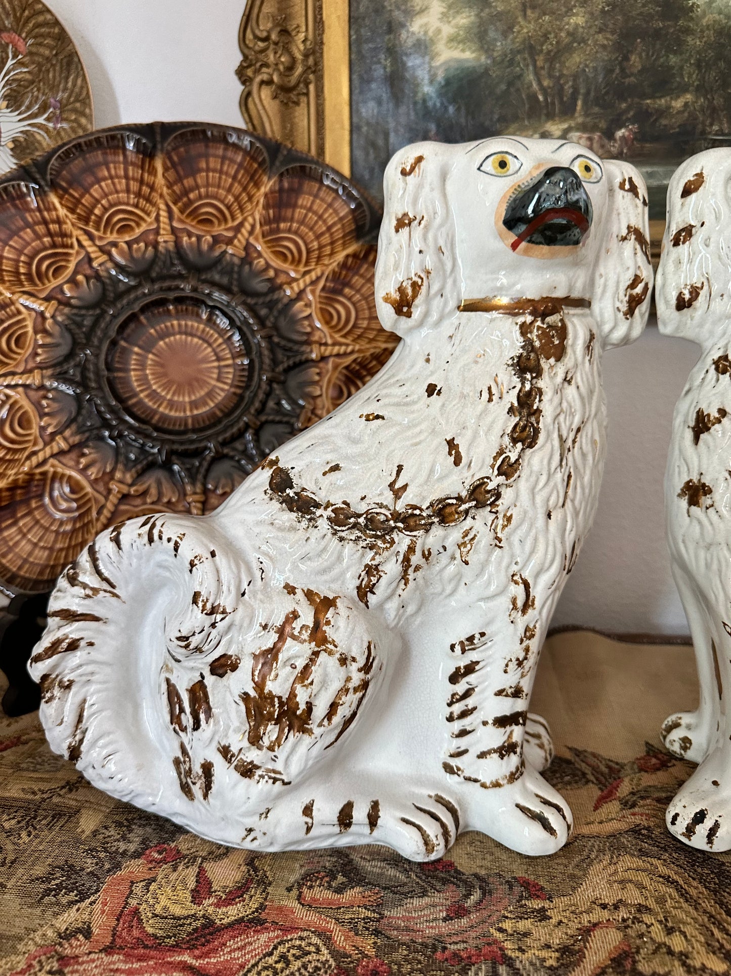 Antique Staffordshire Spaniel Dog Pair with Hand-Brushed Copper Luster Decoration | 12.25"