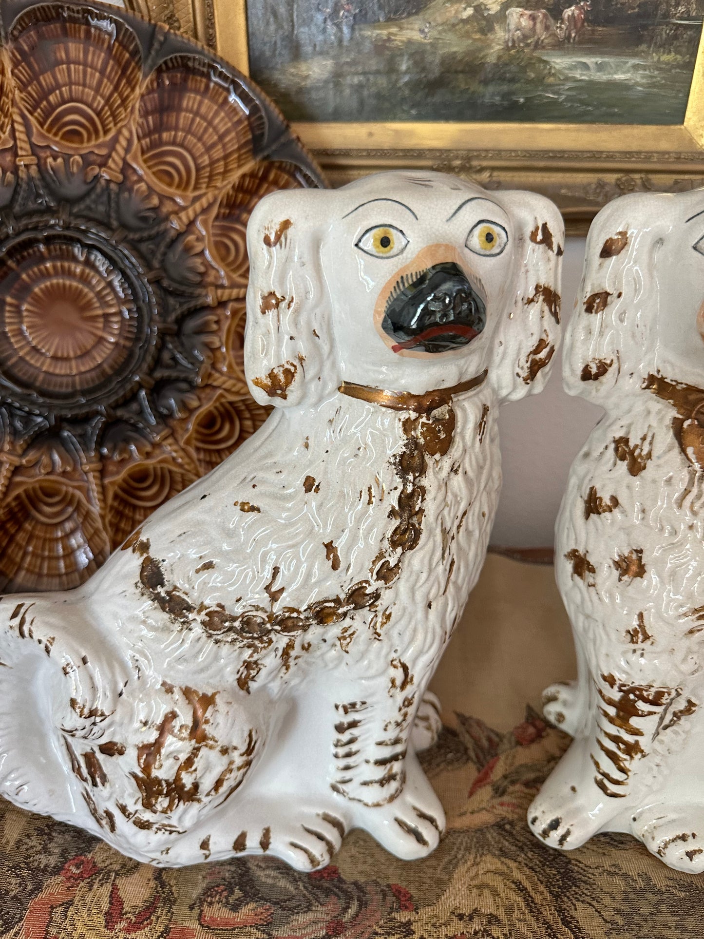 Antique Staffordshire Spaniel Dog Pair with Hand-Brushed Copper Luster Decoration | 12.25"