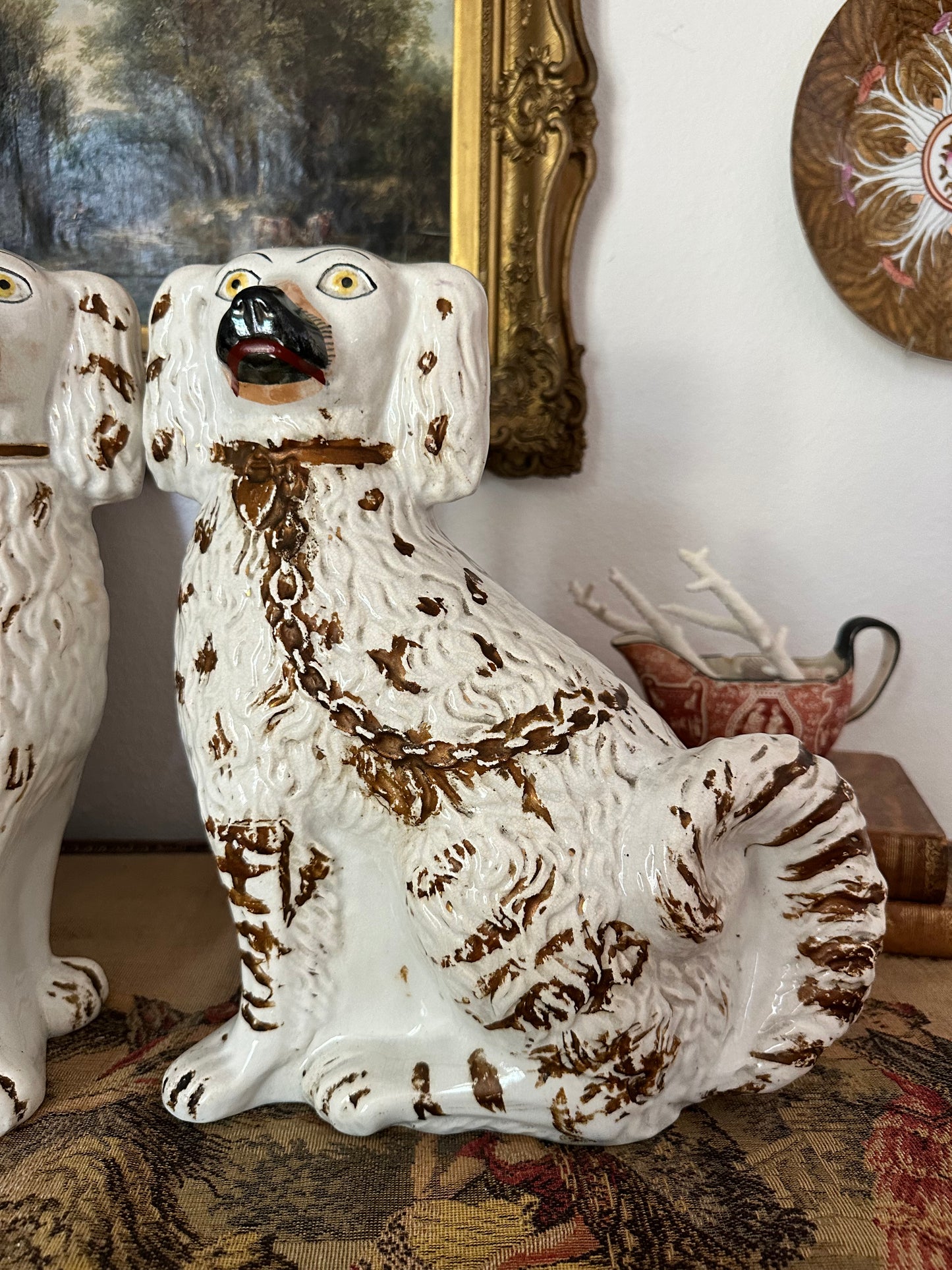 Antique Staffordshire Spaniel Dog Pair with Hand-Brushed Copper Luster Decoration | 12.25"