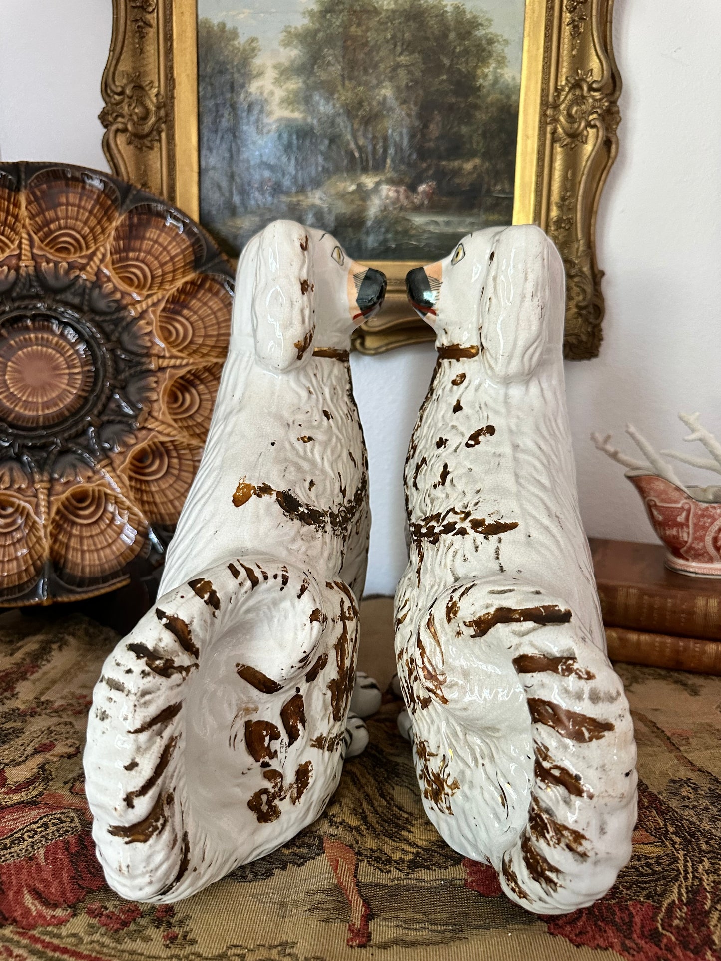 Antique Staffordshire Spaniel Dog Pair with Hand-Brushed Copper Luster Decoration | 12.25"