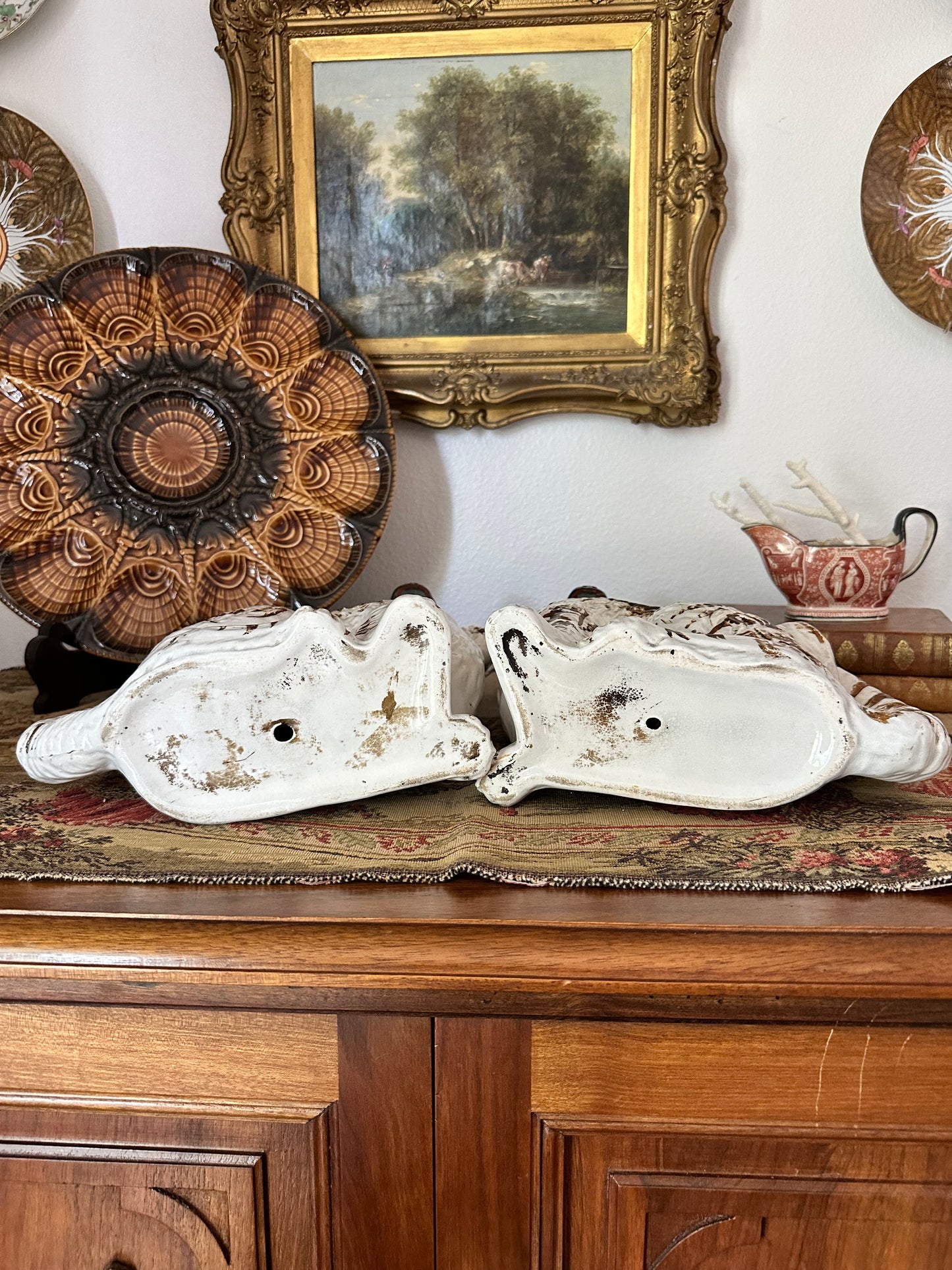 Antique Staffordshire Spaniel Dog Pair with Hand-Brushed Copper Luster Decoration | 12.25"