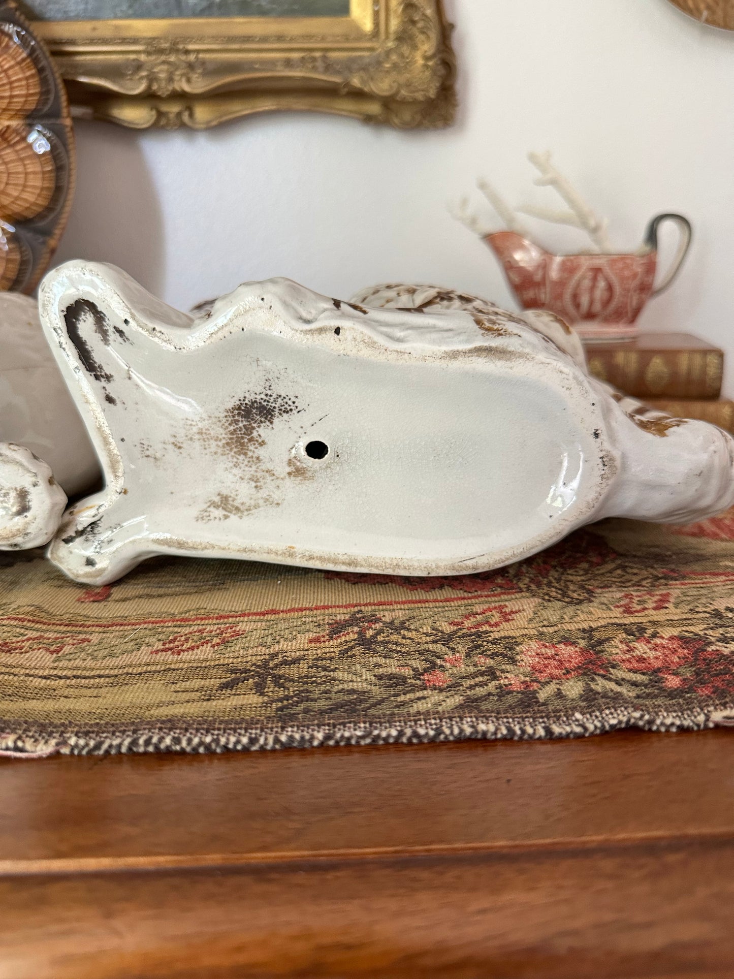 Antique Staffordshire Spaniel Dog Pair with Hand-Brushed Copper Luster Decoration | 12.25"