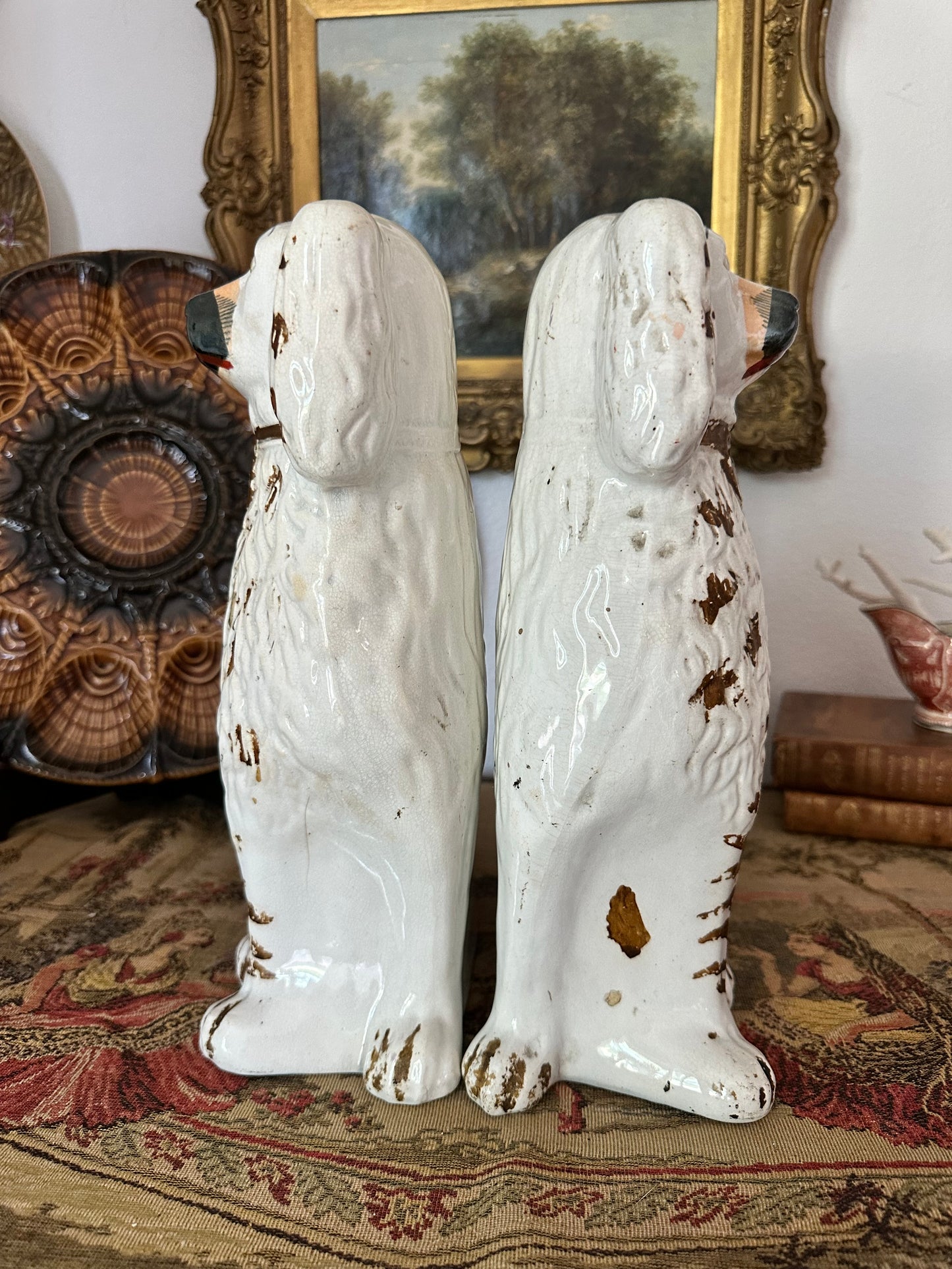 Antique Staffordshire Spaniel Dog Pair with Hand-Brushed Copper Luster Decoration | 12.25"