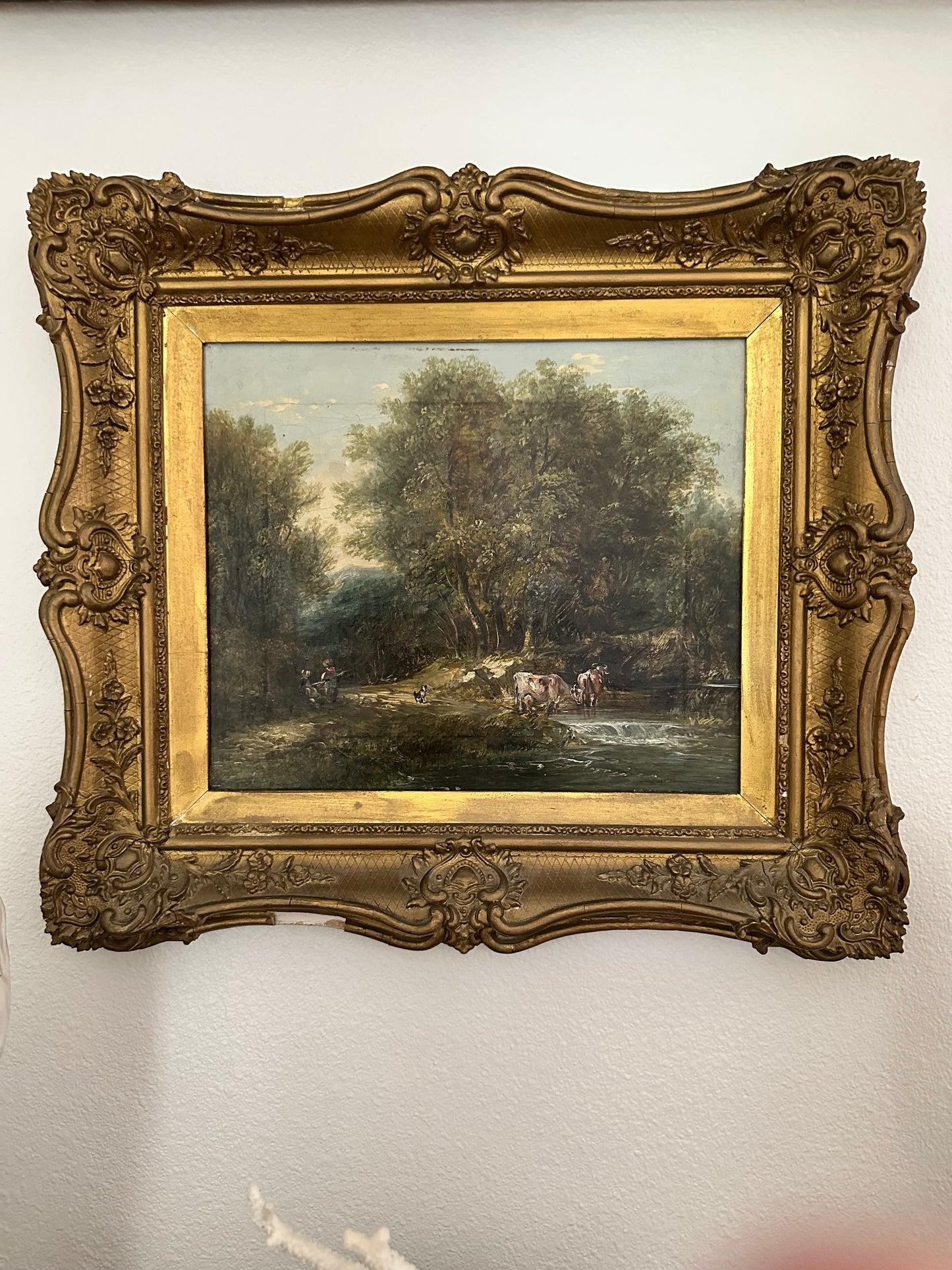 Antique 19th Century European Pastoral Oil Painting with Cattle & Figures | Original Gilt Gesso Frame