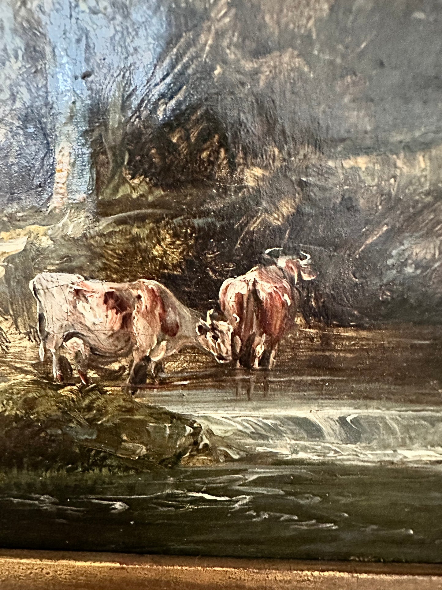 Antique 19th Century European Pastoral Oil Painting with Cattle & Figures | Original Gilt Gesso Frame