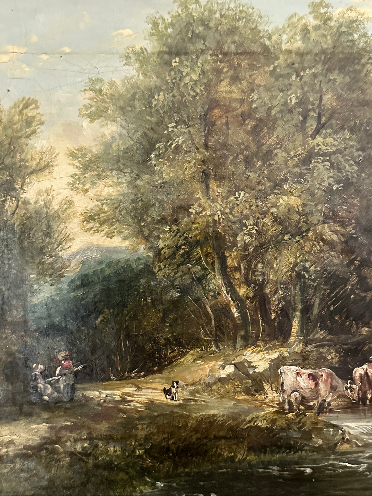Antique 19th Century European Pastoral Oil Painting with Cattle & Figures | Original Gilt Gesso Frame