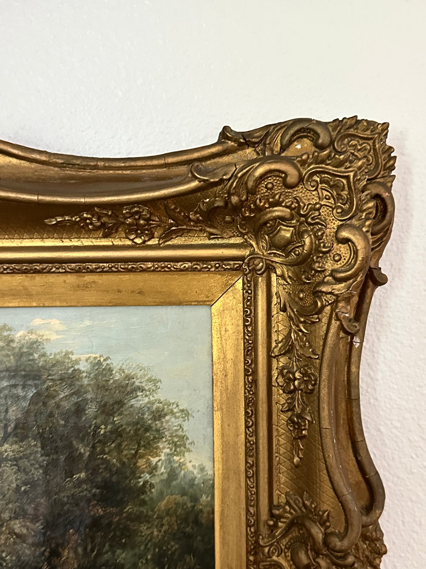 Antique 19th Century European Pastoral Oil Painting with Cattle & Figures | Original Gilt Gesso Frame