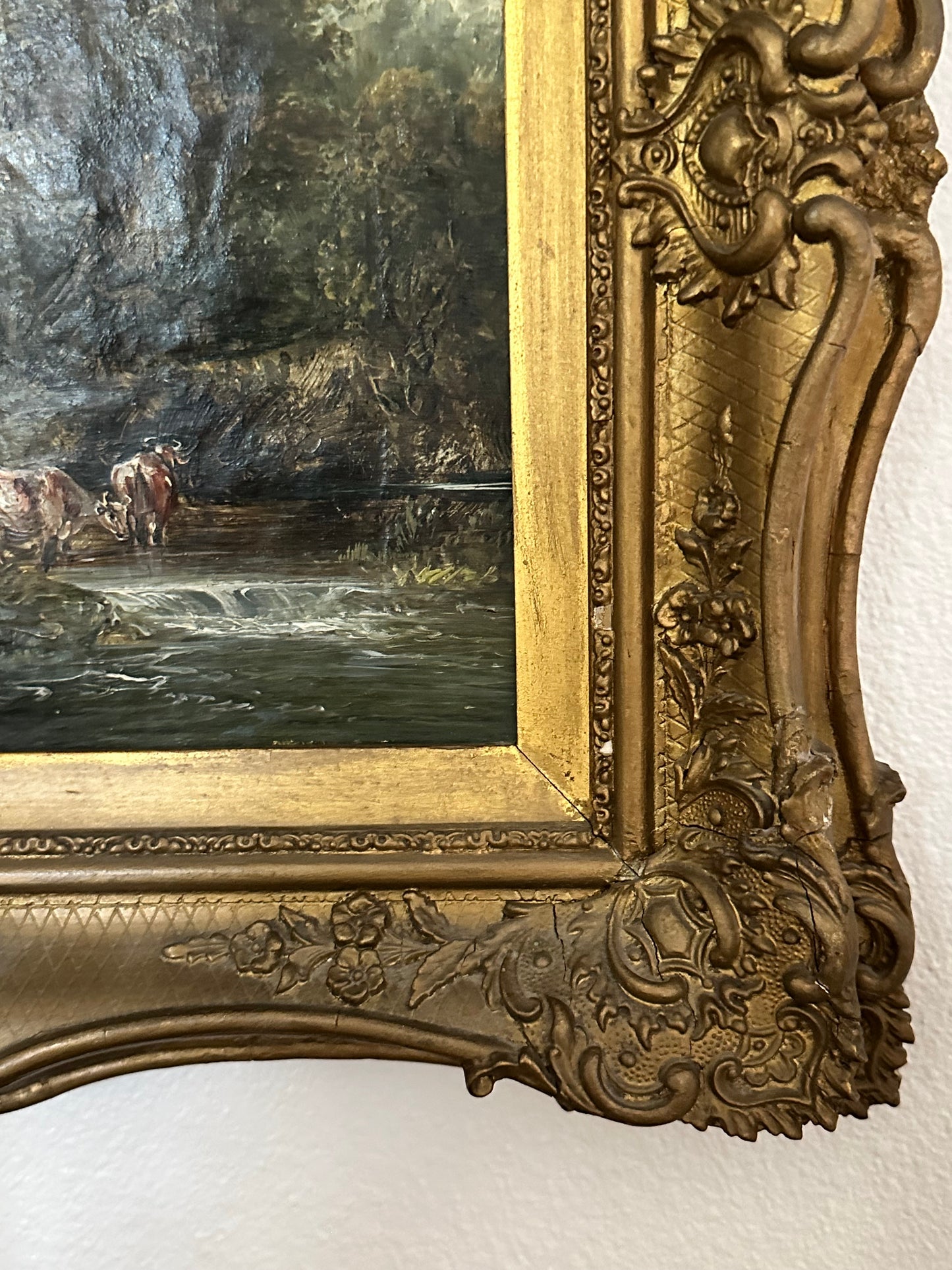 Antique 19th Century European Pastoral Oil Painting with Cattle & Figures | Original Gilt Gesso Frame