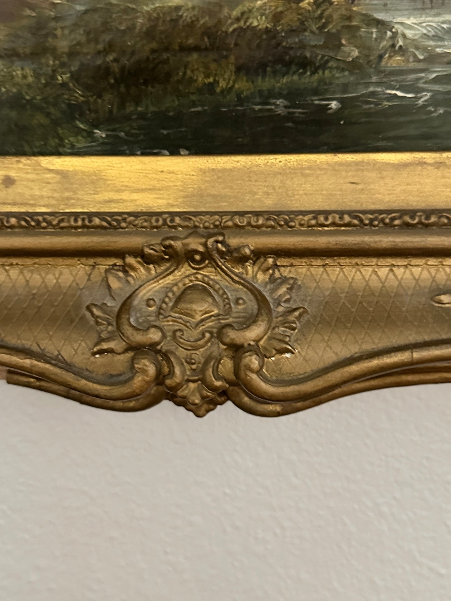Antique 19th Century European Pastoral Oil Painting with Cattle & Figures | Original Gilt Gesso Frame