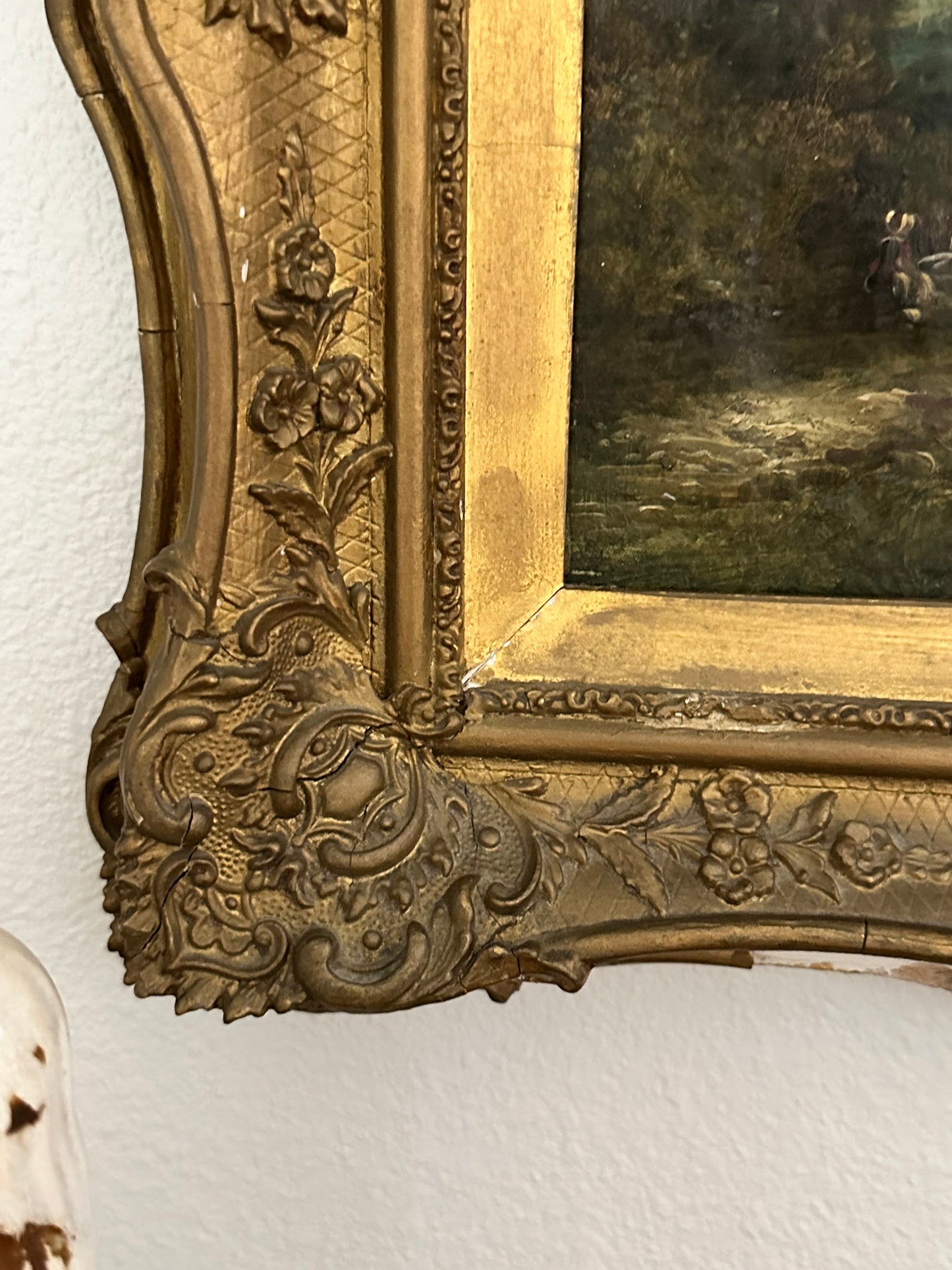 Antique 19th Century European Pastoral Oil Painting with Cattle & Figures | Original Gilt Gesso Frame