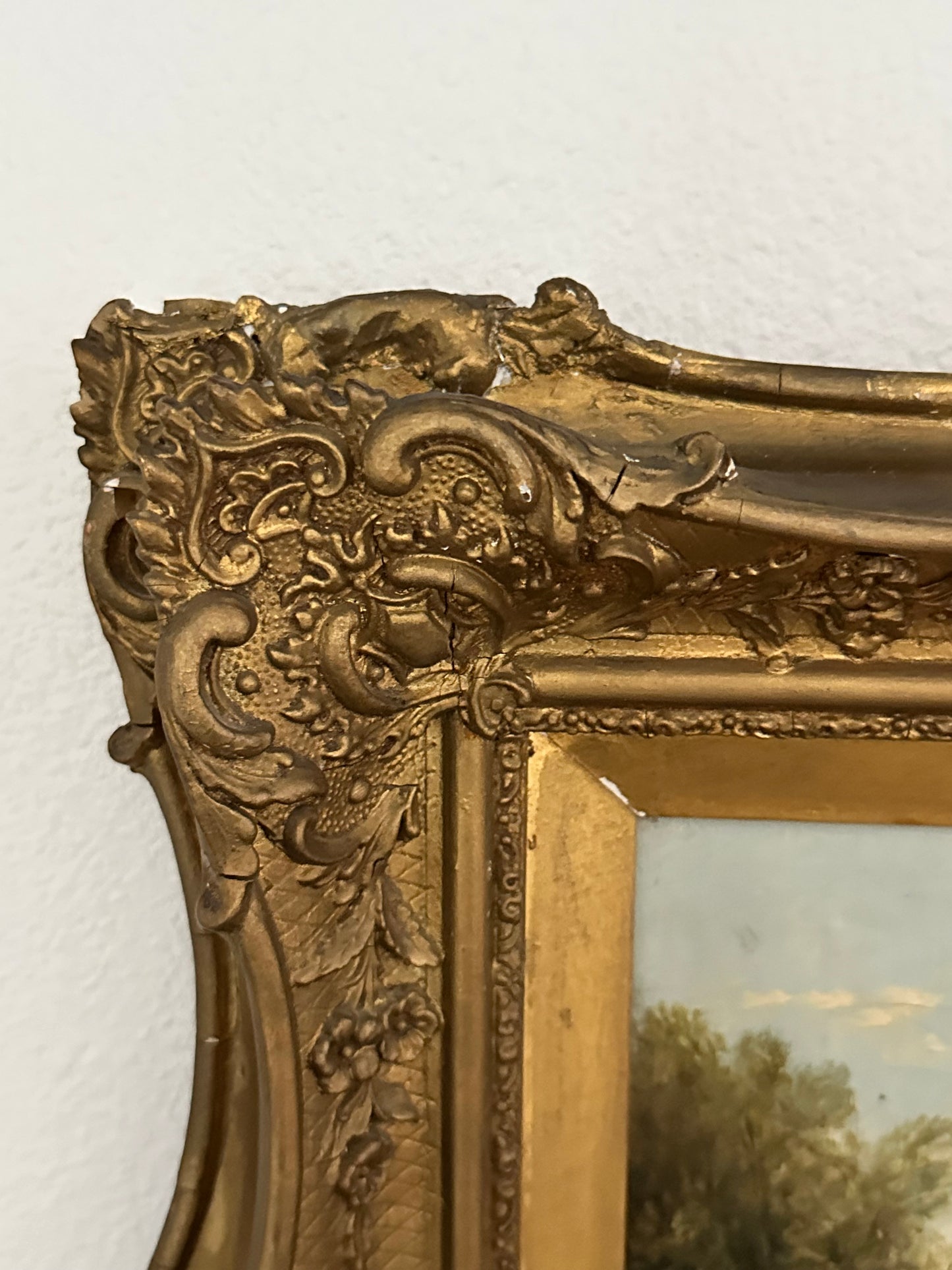 Antique 19th Century European Pastoral Oil Painting with Cattle & Figures | Original Gilt Gesso Frame