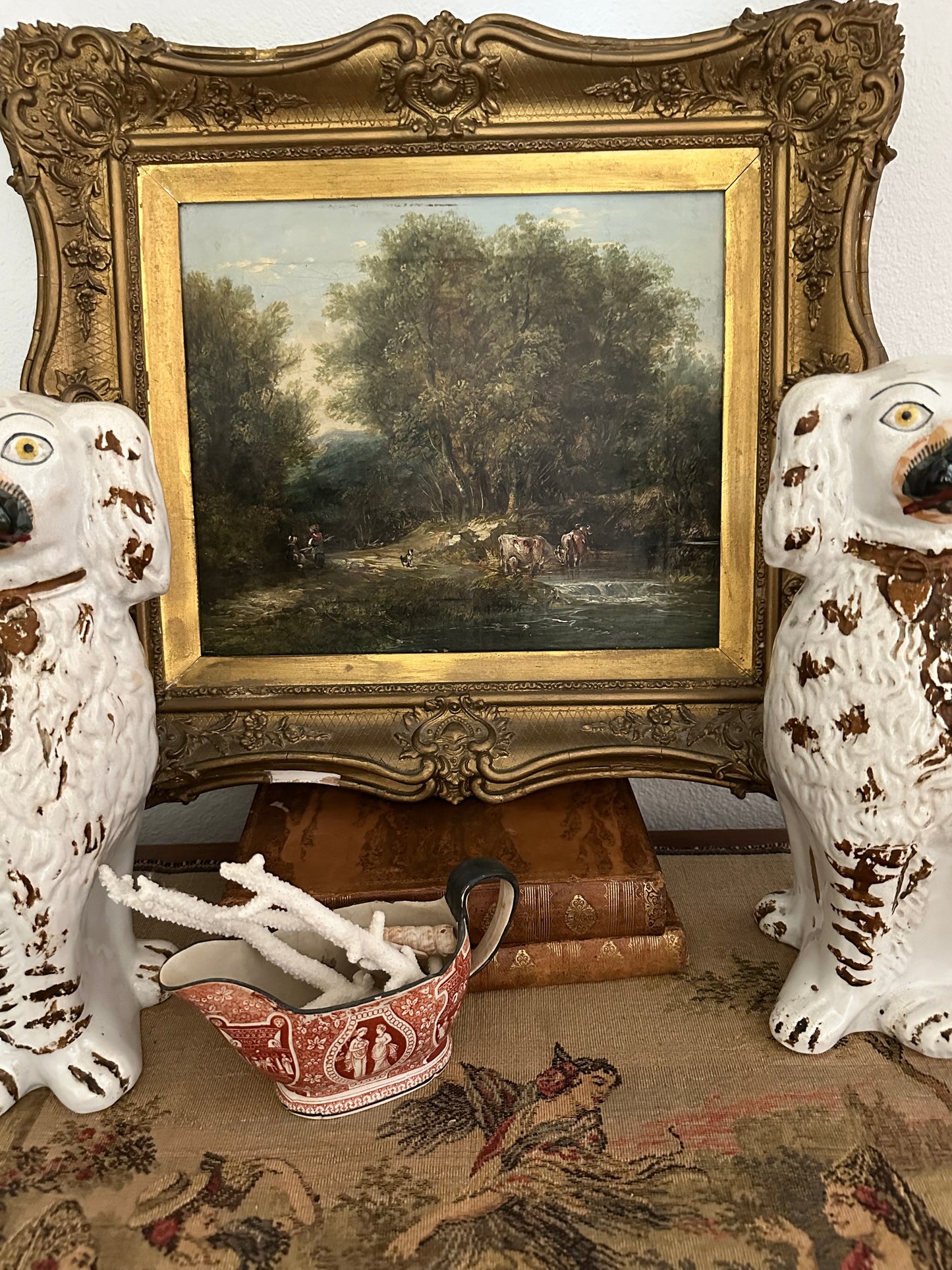 Antique 19th Century European Pastoral Oil Painting with Cattle & Figures | Original Gilt Gesso Frame