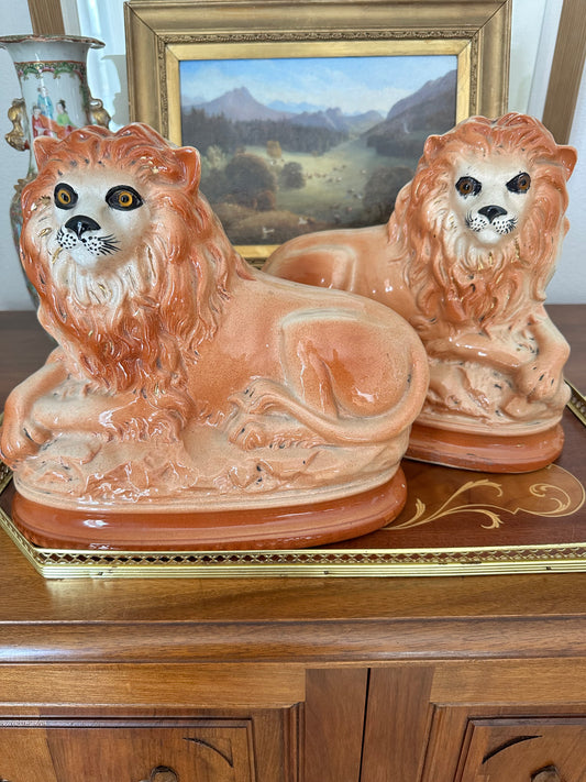 Pair of Antique English Staffordshire Recumbent Lions, Late 19th Century