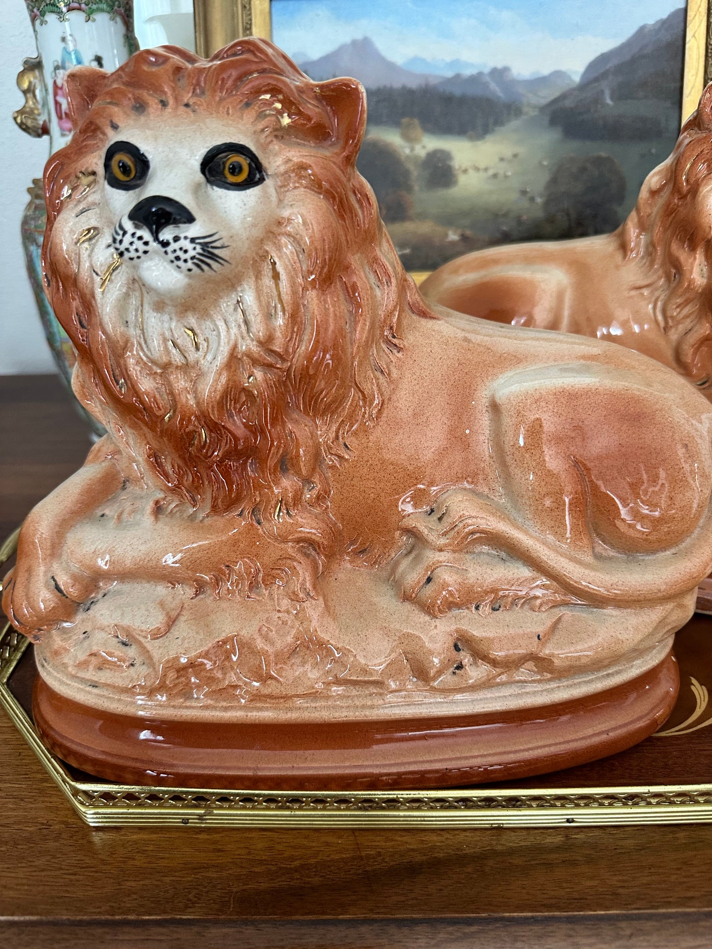 Pair of Antique English Staffordshire Recumbent Lions, Late 19th Century