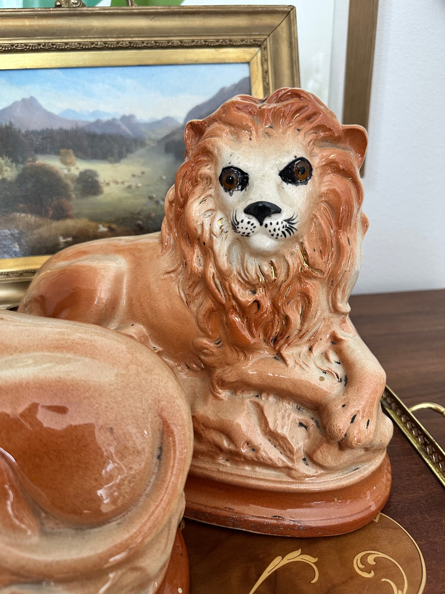 Pair of Antique English Staffordshire Recumbent Lions, Late 19th Century