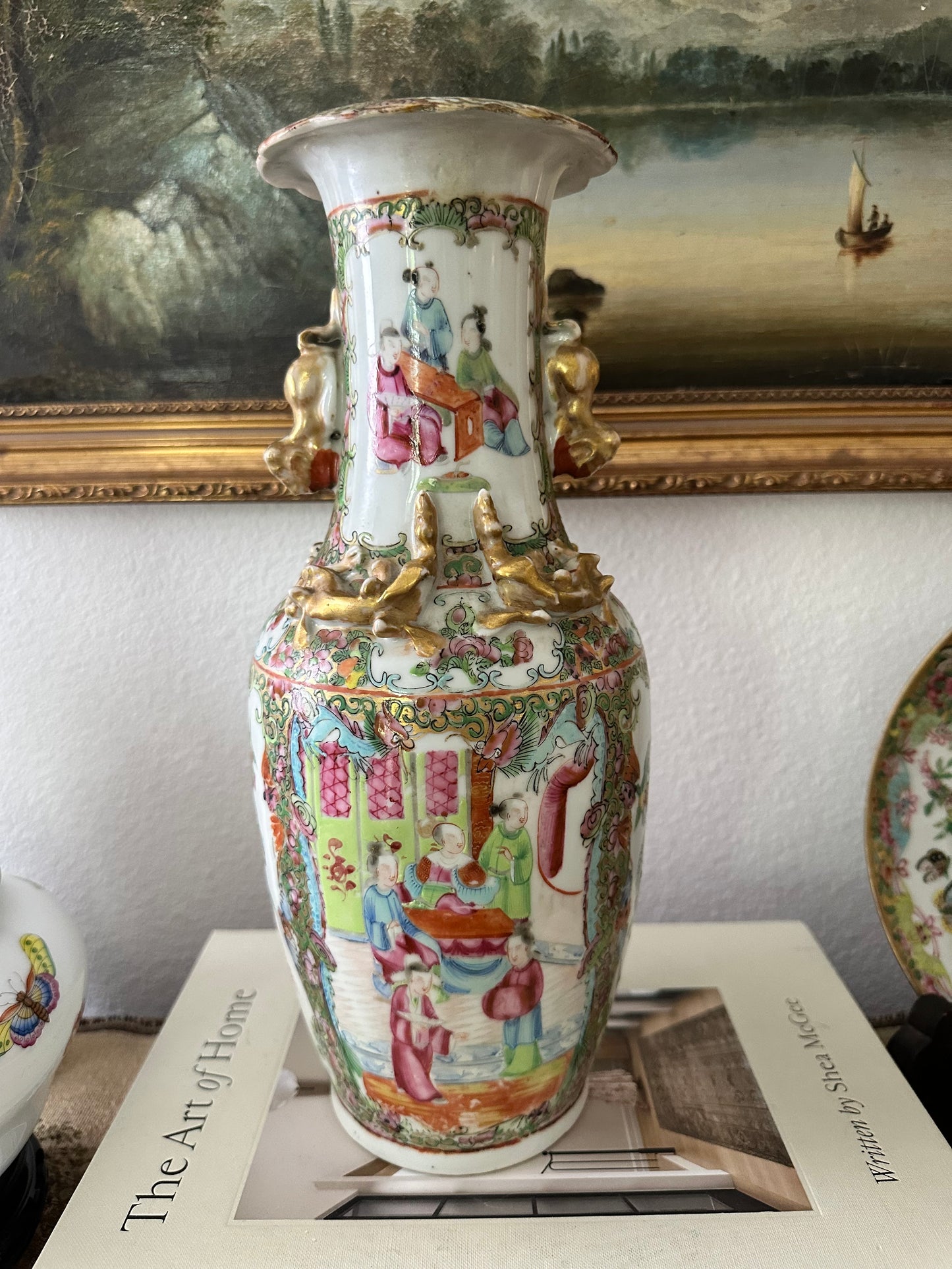 19th Century Antique Chinese Famille Rose Porcelain Vase with Raised Gilt Decoration & Foo Dog Handles | 12.5"