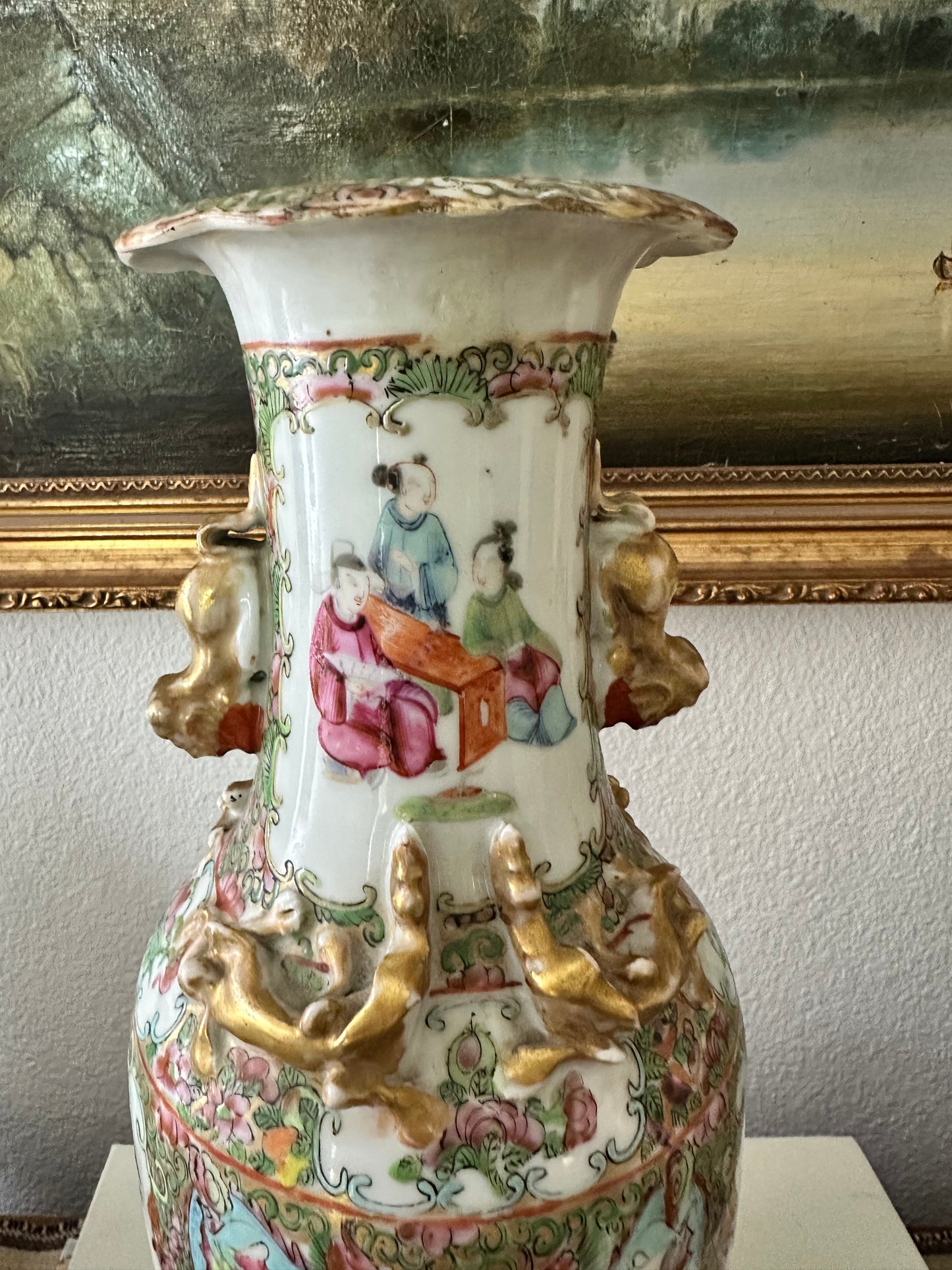 19th Century Antique Chinese Famille Rose Porcelain Vase with Raised Gilt Decoration & Foo Dog Handles | 12.5"