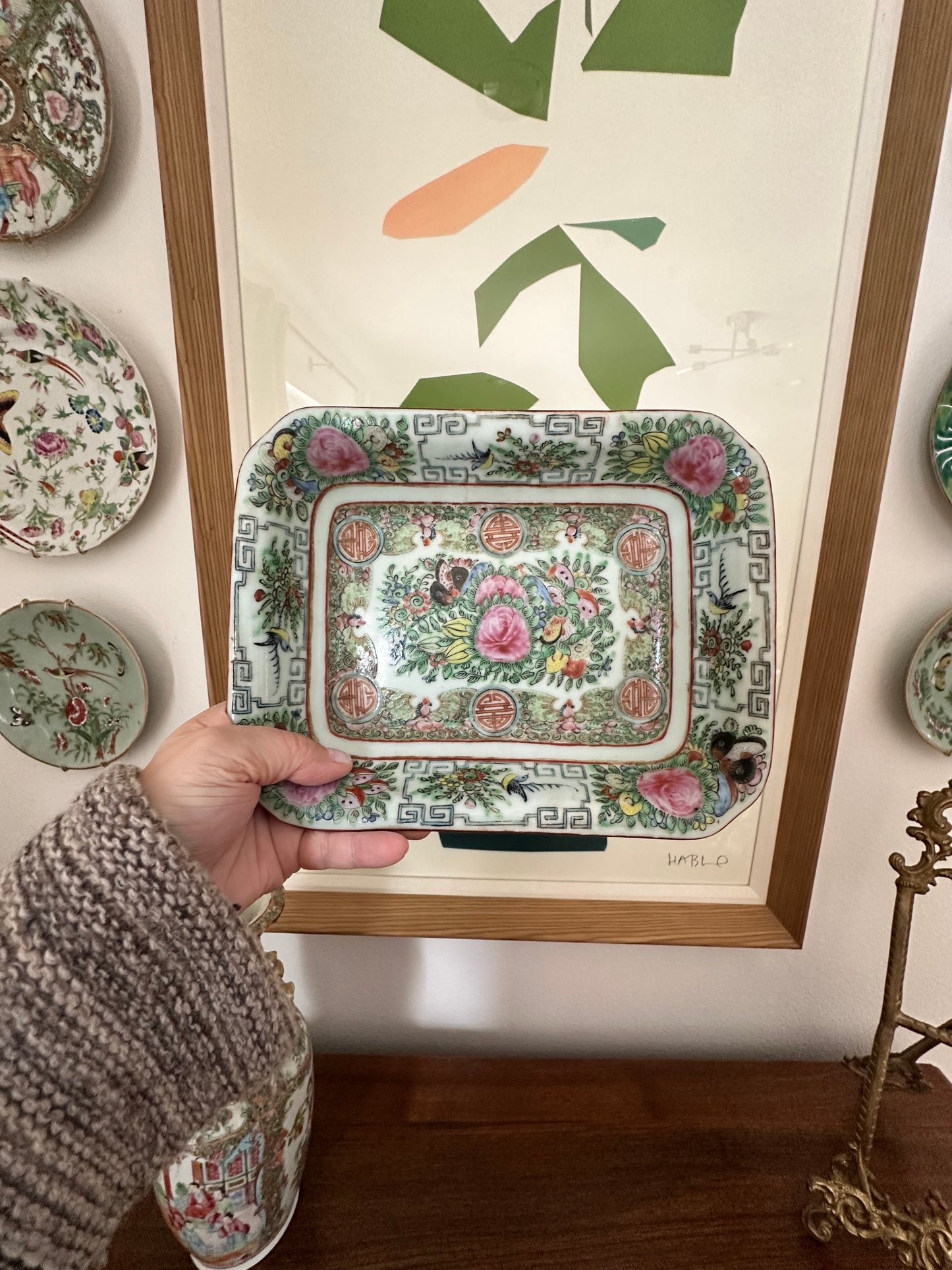 Vintage Chinese Rose Canton Porcelain Dish with Celadon Glaze, 9" x 7"