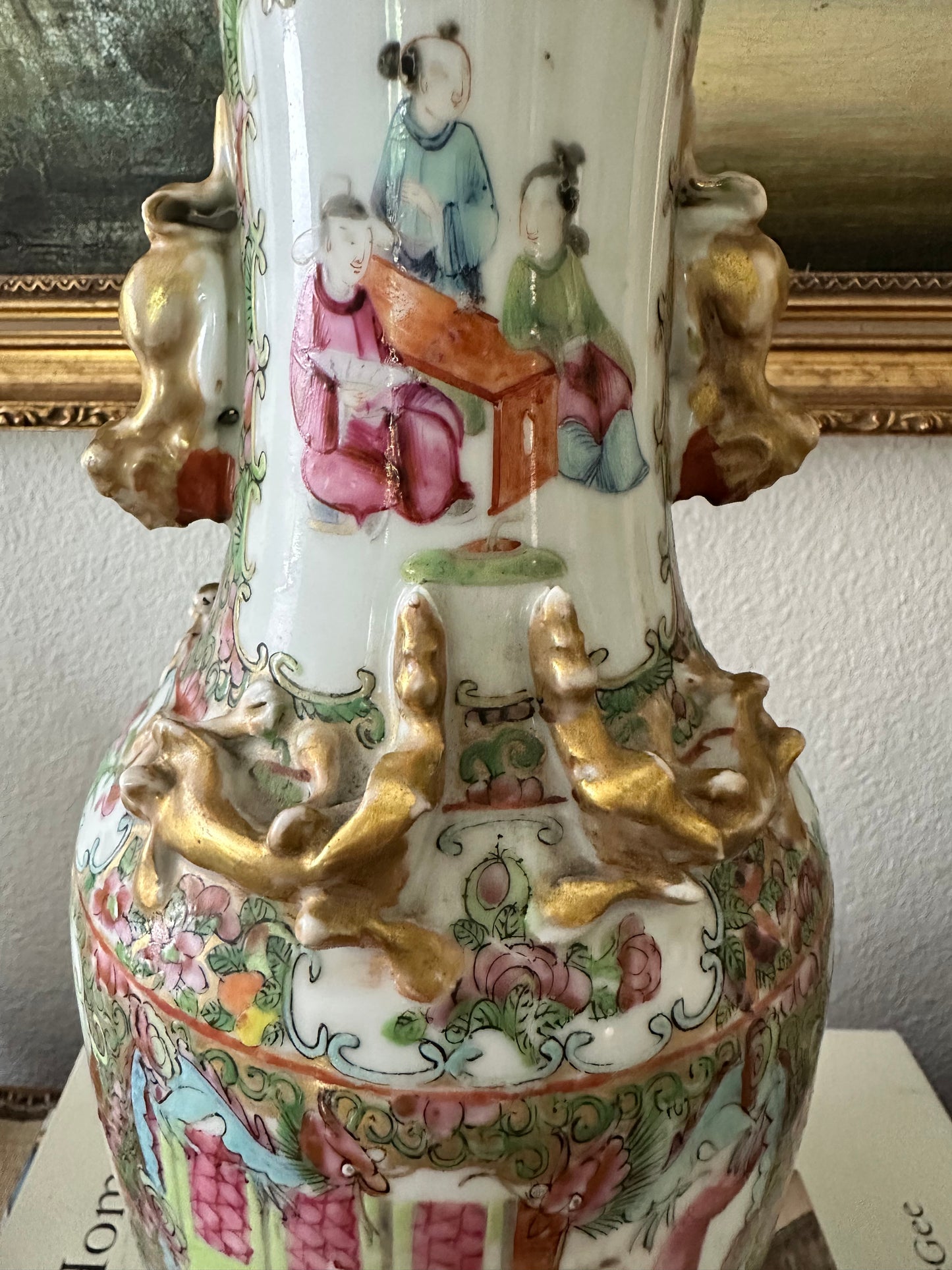 19th Century Antique Chinese Famille Rose Porcelain Vase with Raised Gilt Decoration & Foo Dog Handles | 12.5"