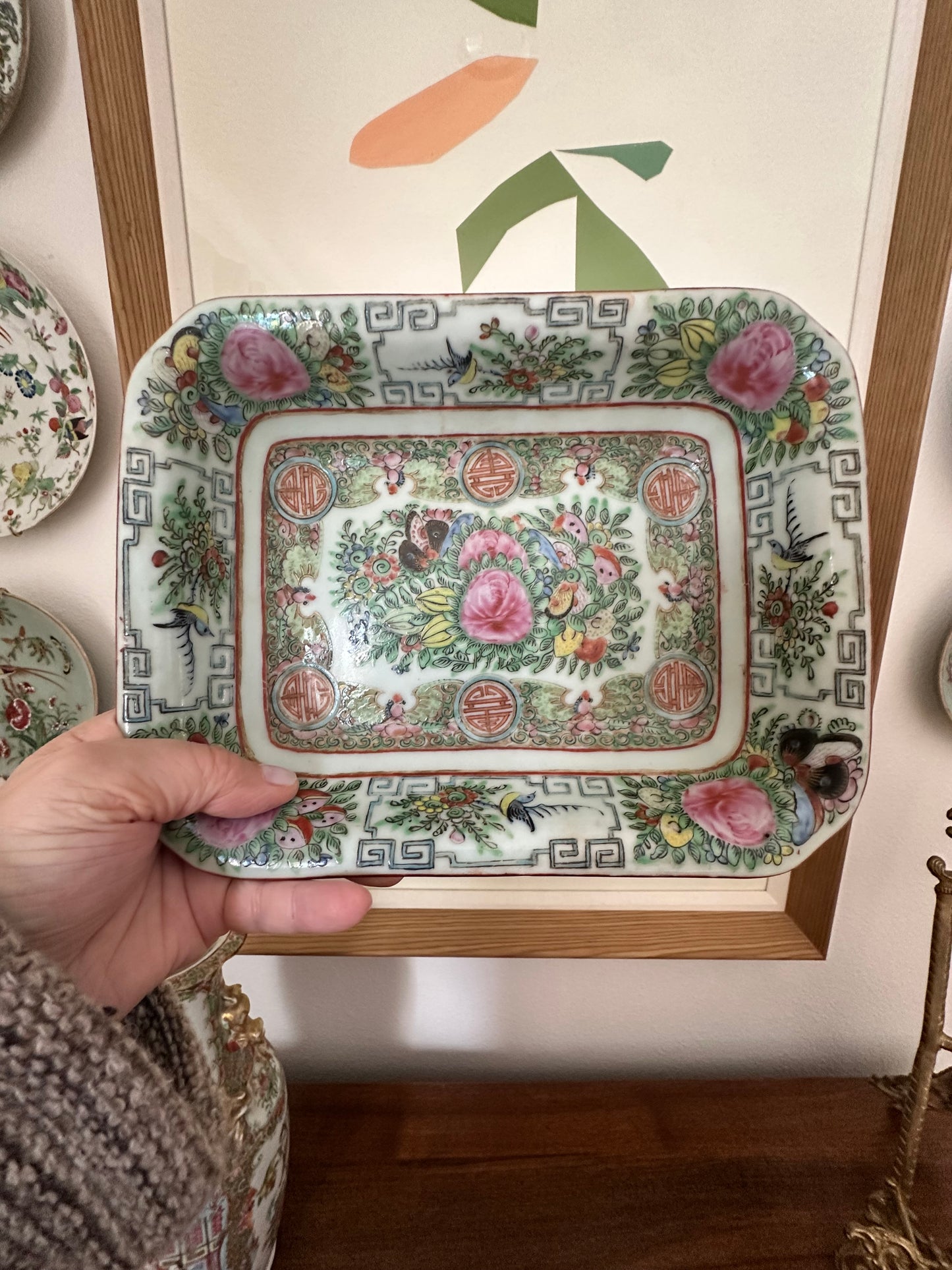 Vintage Chinese Rose Canton Porcelain Dish with Celadon Glaze, 9" x 7"