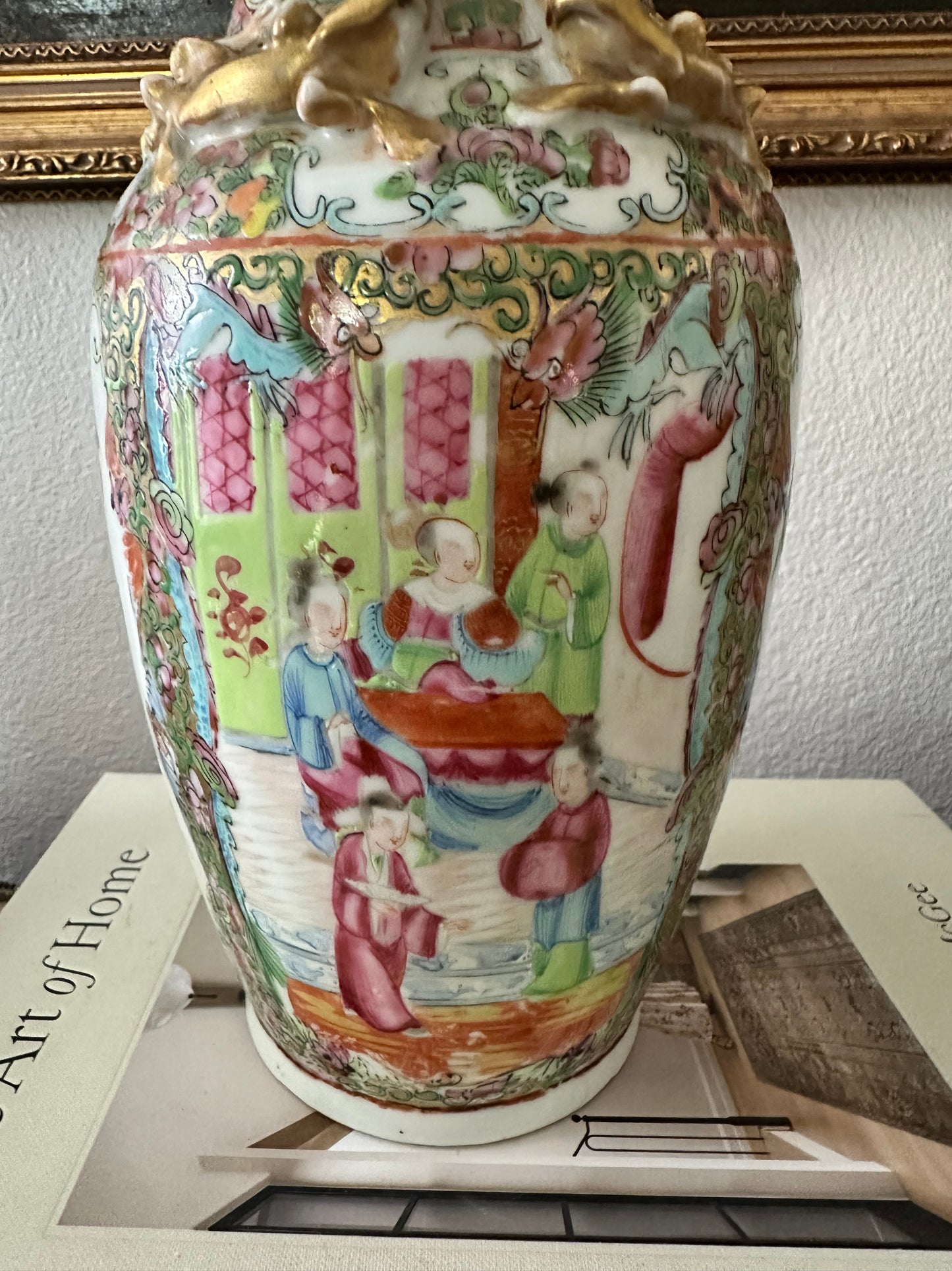 19th Century Antique Chinese Famille Rose Porcelain Vase with Raised Gilt Decoration & Foo Dog Handles | 12.5"