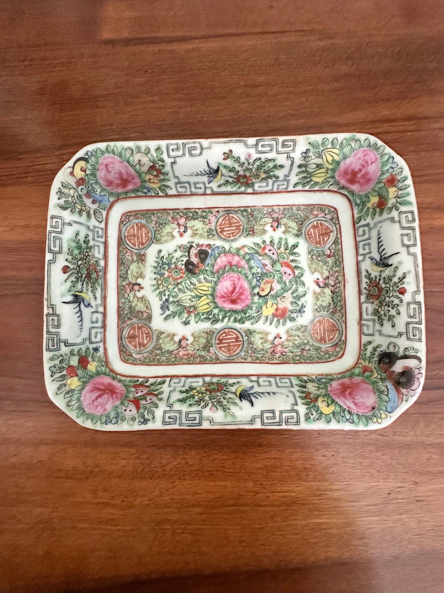 Vintage Chinese Rose Canton Porcelain Dish with Celadon Glaze, 9" x 7"