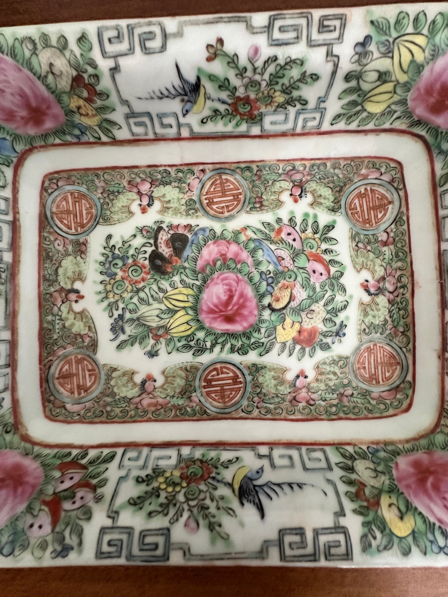 Vintage Chinese Rose Canton Porcelain Dish with Celadon Glaze, 9" x 7"