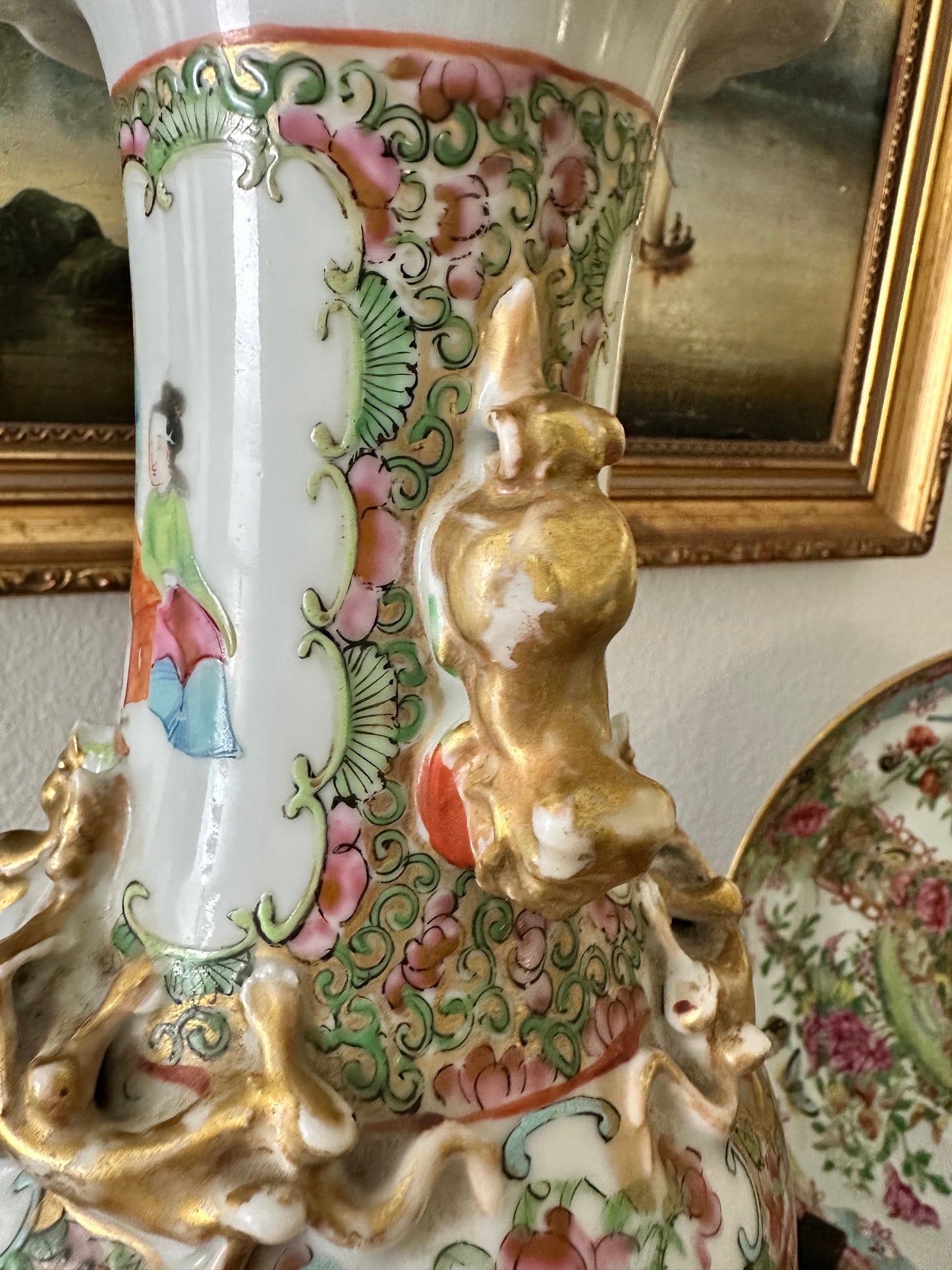 19th Century Antique Chinese Famille Rose Porcelain Vase with Raised Gilt Decoration & Foo Dog Handles | 12.5"