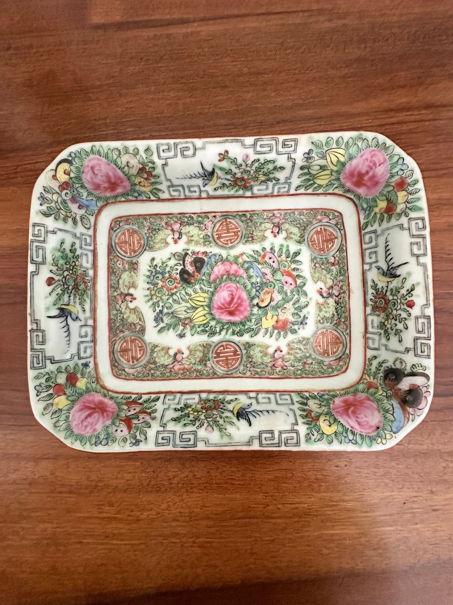 Vintage Chinese Rose Canton Porcelain Dish with Celadon Glaze, 9" x 7"