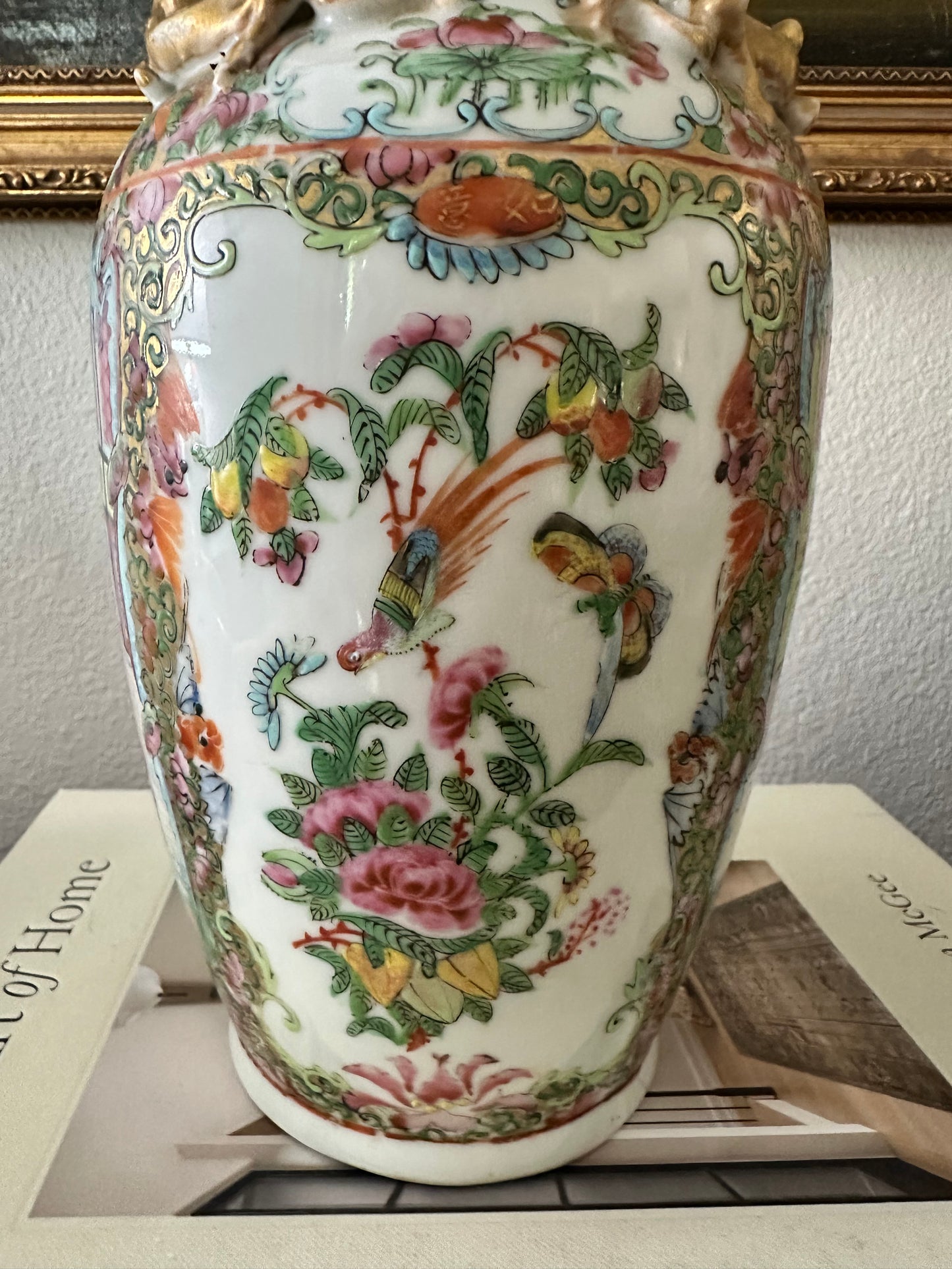 19th Century Antique Chinese Famille Rose Porcelain Vase with Raised Gilt Decoration & Foo Dog Handles | 12.5"