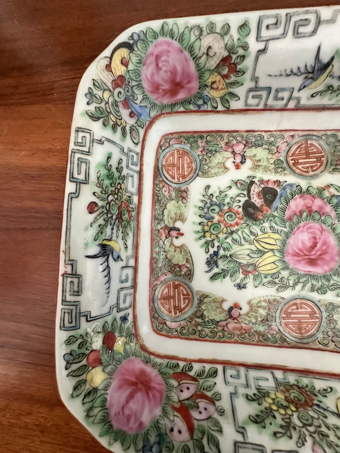 Vintage Chinese Rose Canton Porcelain Dish with Celadon Glaze, 9" x 7"