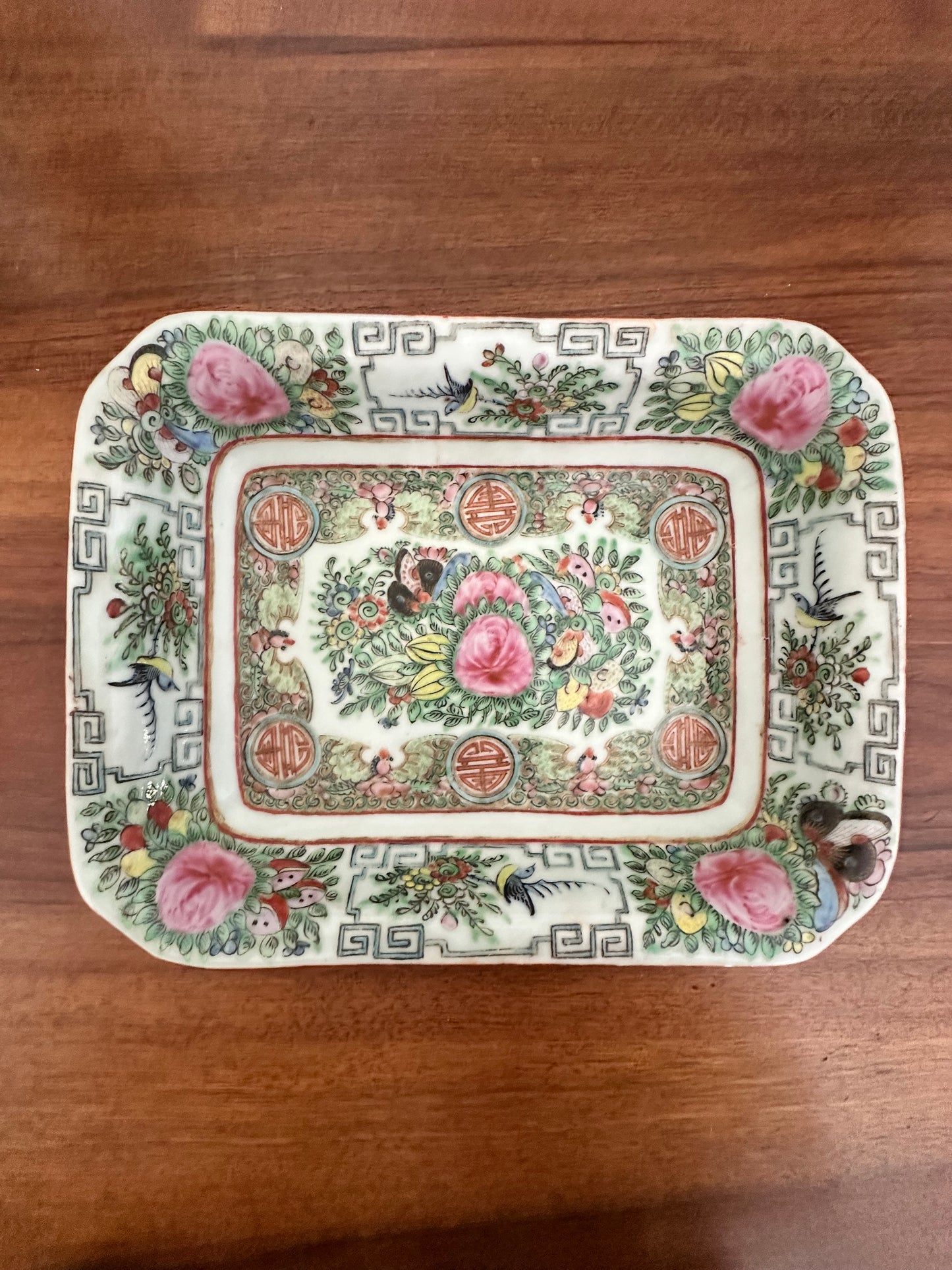 Vintage Chinese Rose Canton Porcelain Dish with Celadon Glaze, 9" x 7"
