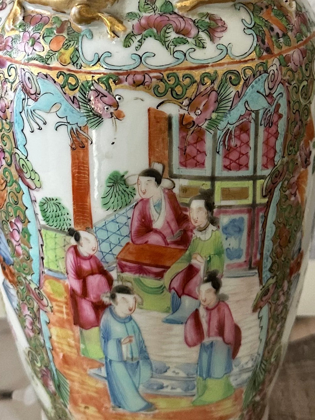19th Century Antique Chinese Famille Rose Porcelain Vase with Raised Gilt Decoration & Foo Dog Handles | 12.5"
