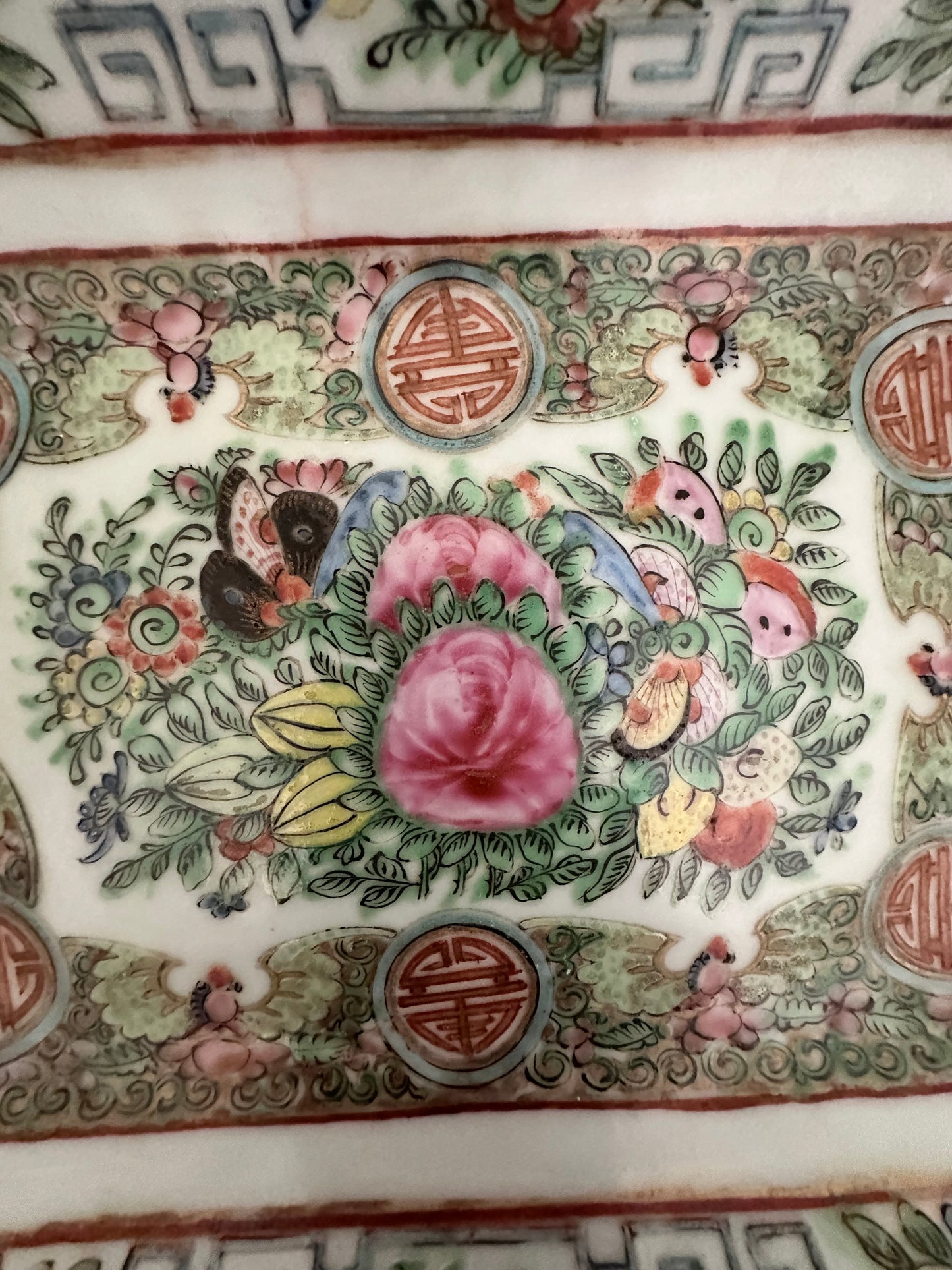 Vintage Chinese Rose Canton Porcelain Dish with Celadon Glaze, 9" x 7"