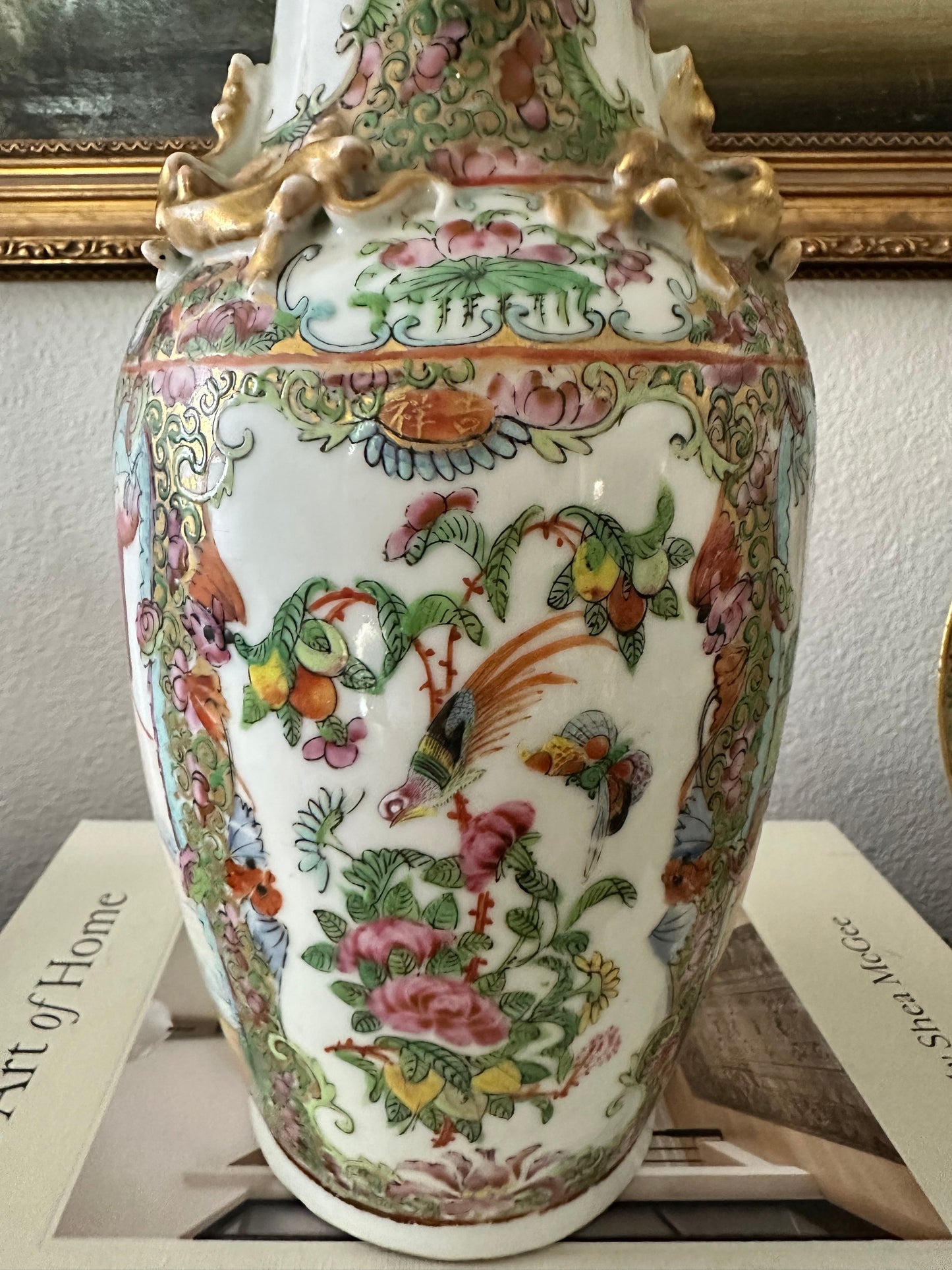 19th Century Antique Chinese Famille Rose Porcelain Vase with Raised Gilt Decoration & Foo Dog Handles | 12.5"