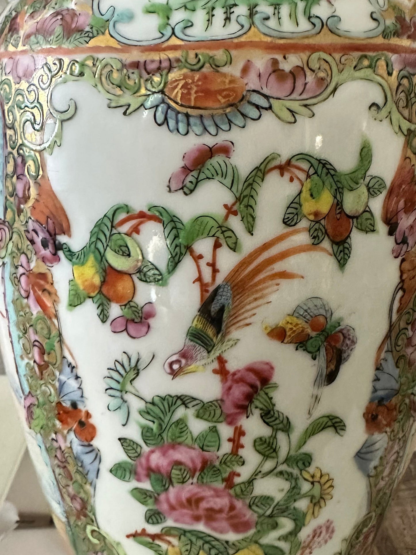 19th Century Antique Chinese Famille Rose Porcelain Vase with Raised Gilt Decoration & Foo Dog Handles | 12.5"