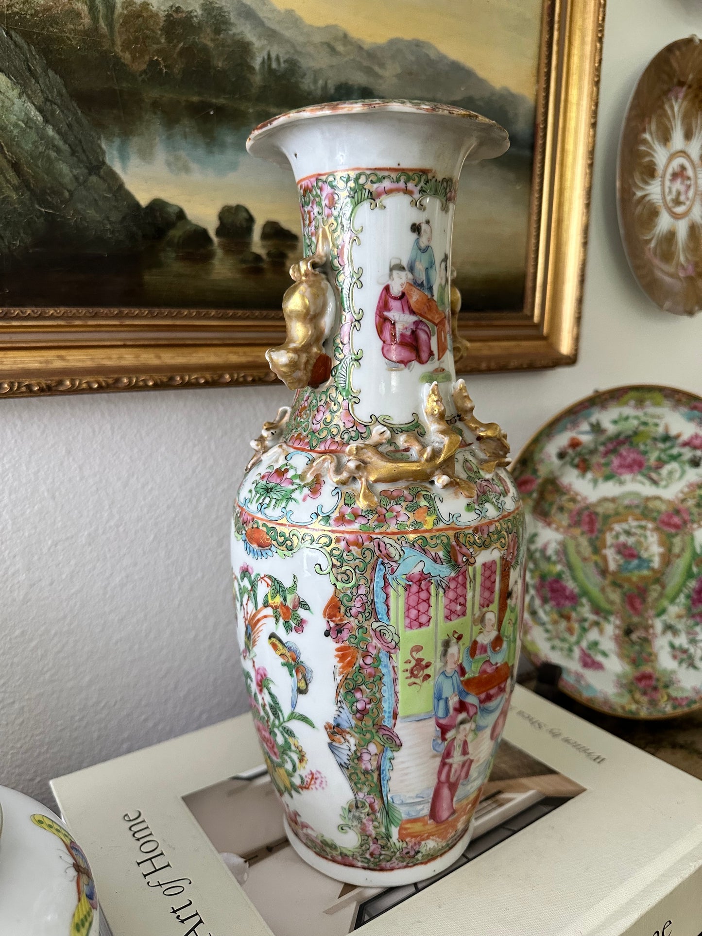 19th Century Antique Chinese Famille Rose Porcelain Vase with Raised Gilt Decoration & Foo Dog Handles | 12.5"
