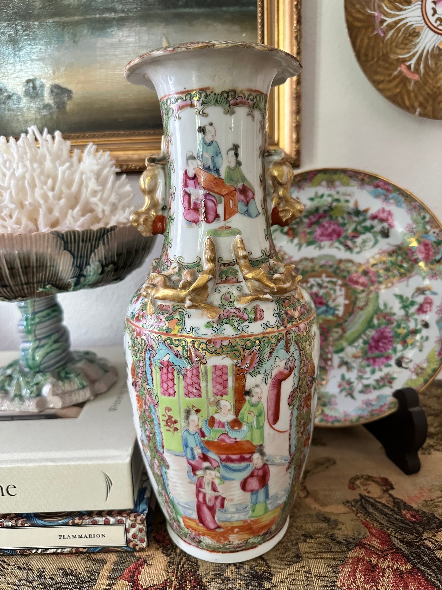19th Century Antique Chinese Famille Rose Porcelain Vase with Raised Gilt Decoration & Foo Dog Handles | 12.5"