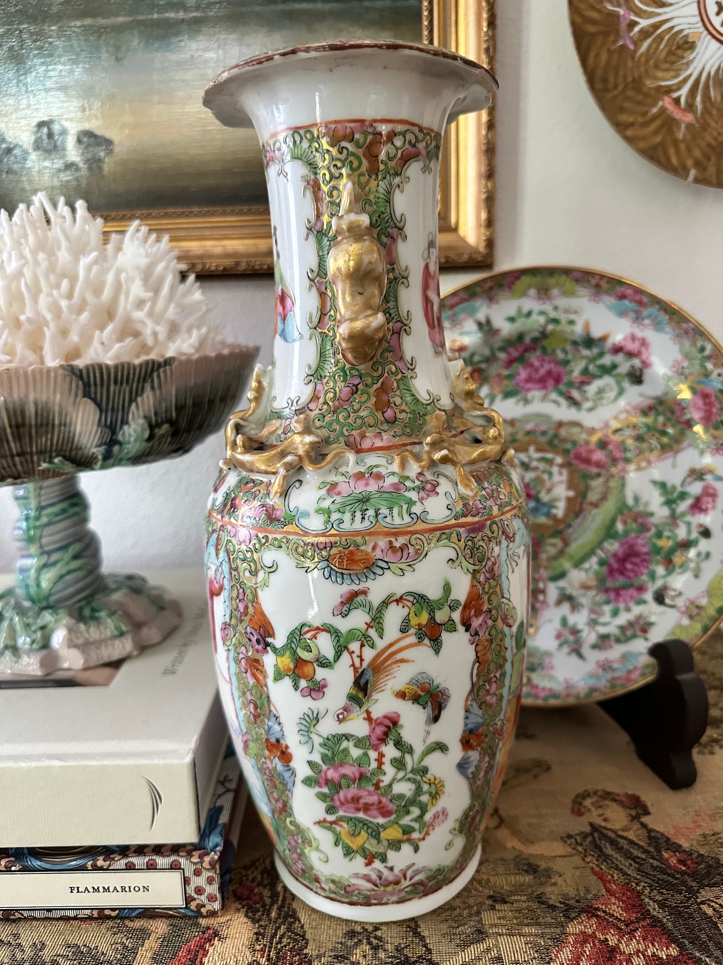 19th Century Antique Chinese Famille Rose Porcelain Vase with Raised Gilt Decoration & Foo Dog Handles | 12.5"