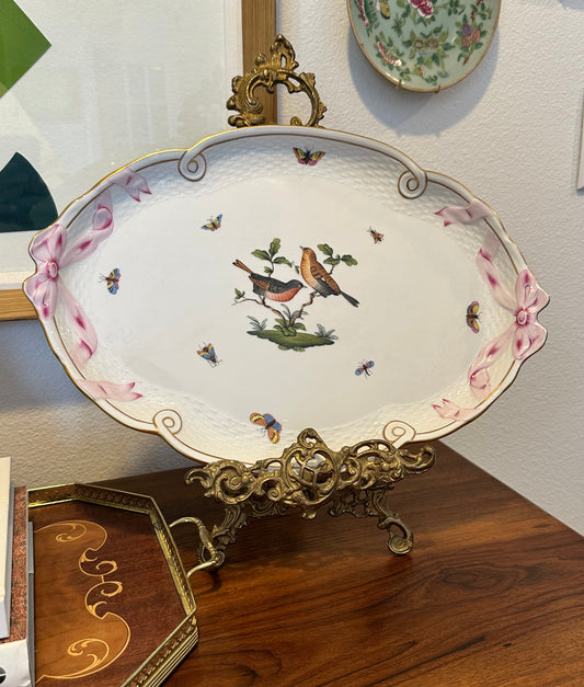 Herend Rothschild Birds Oval Platter with Pink Ribbon Border