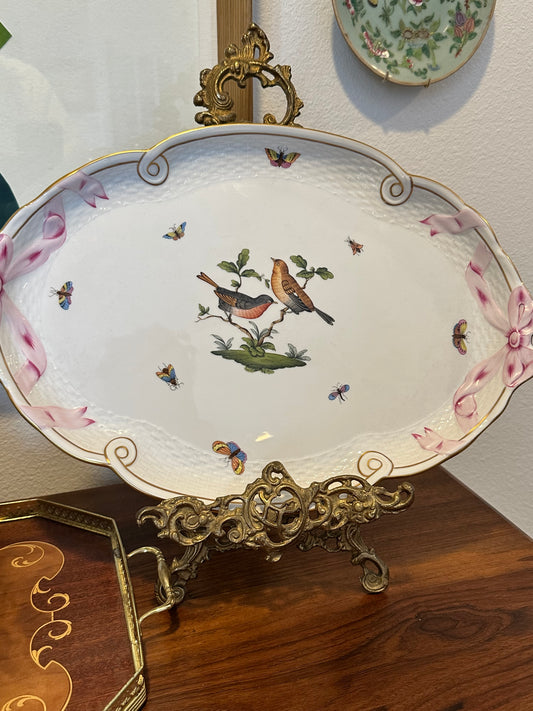 Herend Rothschild Birds Oval Platter with Pink Ribbon Border