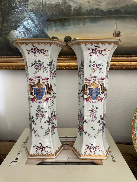 Pair of Early 20th Century Porcelaine de Paris Armorial Hexagonal Vases | Chinese Export Revival