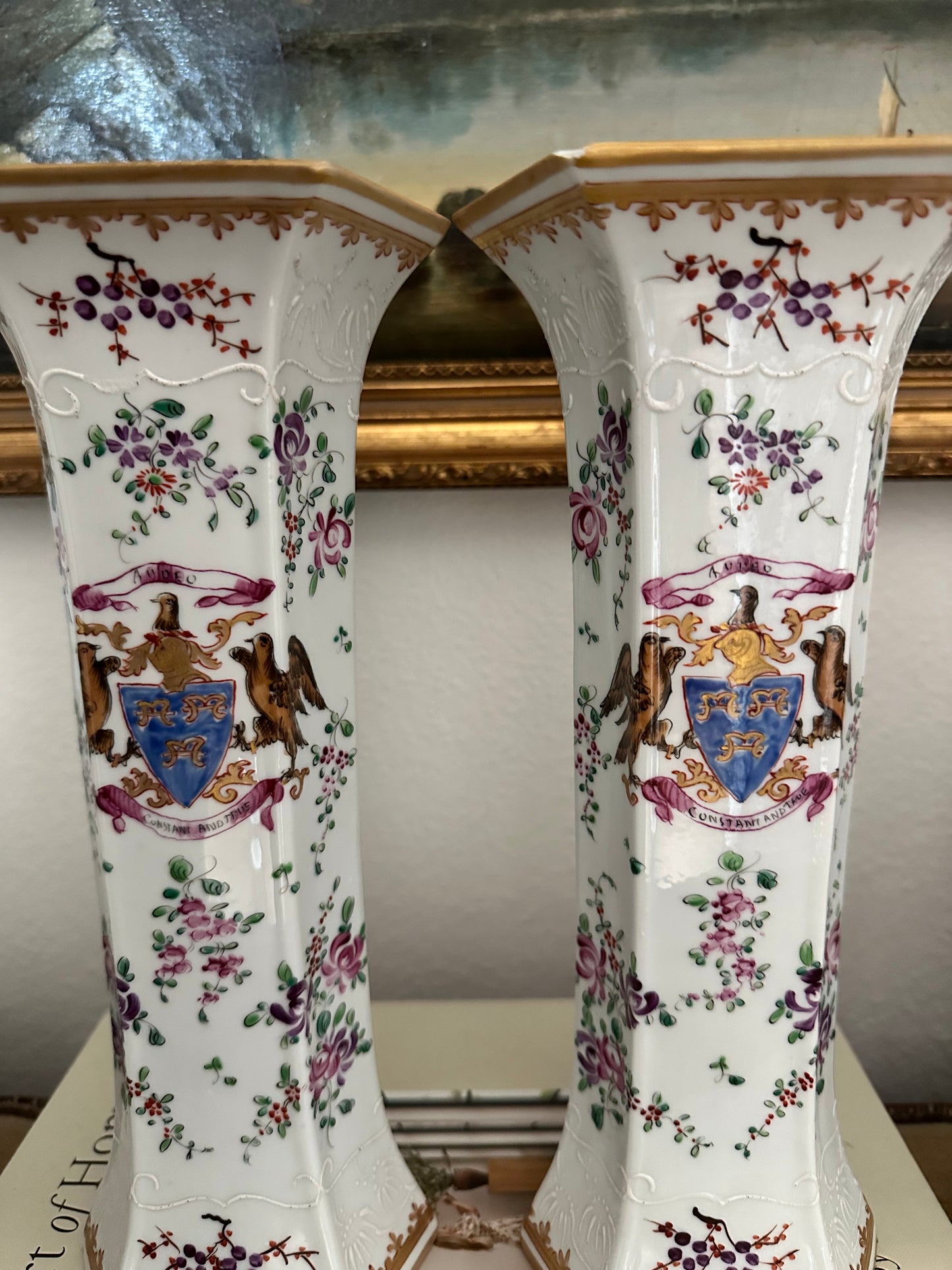 Pair of Early 20th Century Porcelaine de Paris Armorial Hexagonal Vases | Chinese Export Revival