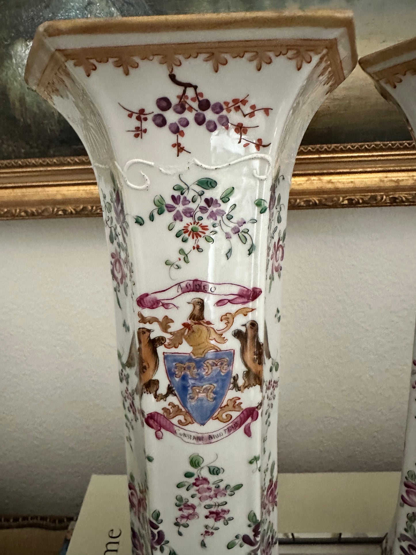 Pair of Early 20th Century Porcelaine de Paris Armorial Hexagonal Vases | Chinese Export Revival