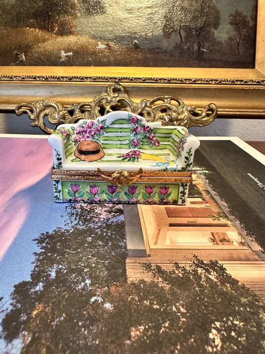 Antoria Limoges France Hand-Painted Porcelain Park Bench Trinket Box