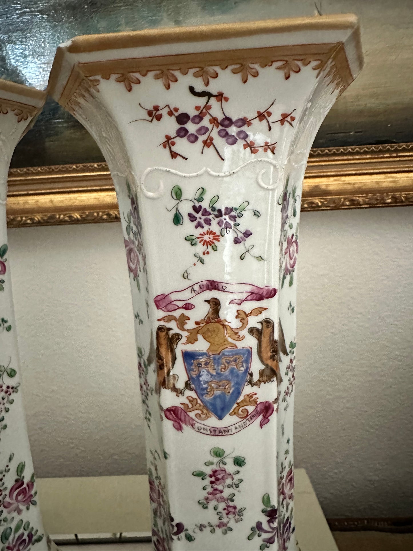 Pair of Early 20th Century Porcelaine de Paris Armorial Hexagonal Vases | Chinese Export Revival