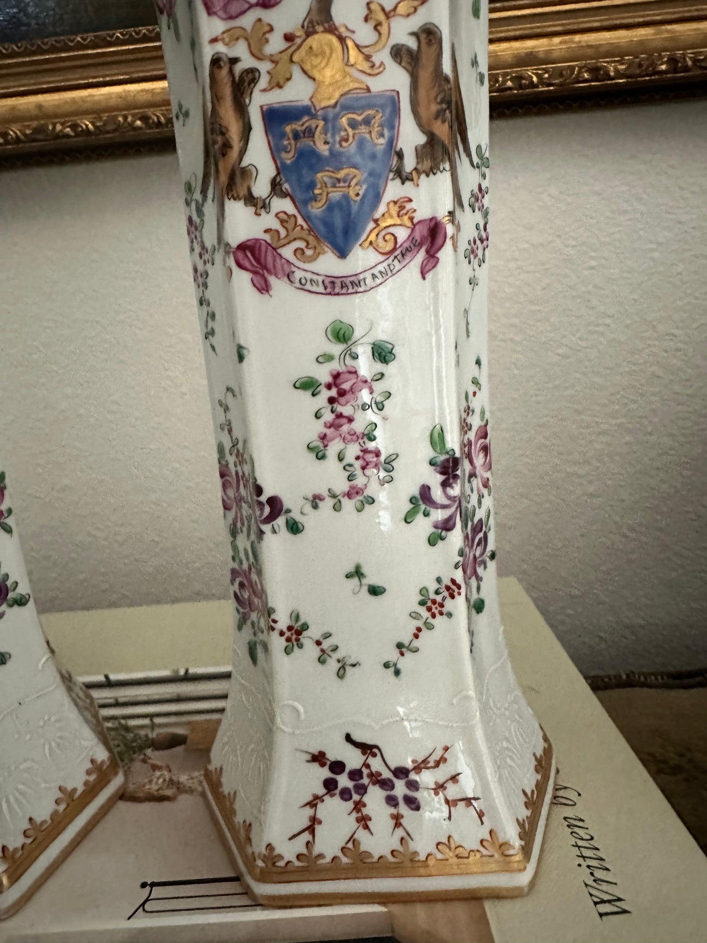 Pair of Early 20th Century Porcelaine de Paris Armorial Hexagonal Vases | Chinese Export Revival
